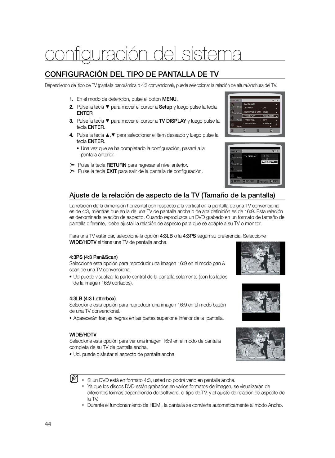 Samsung HT-TZ225R/XET, HT-Z220R/EDC, HT-Z220R/XET manual Configuración del tipo de pantalla de TV, Wide/Hdtv 