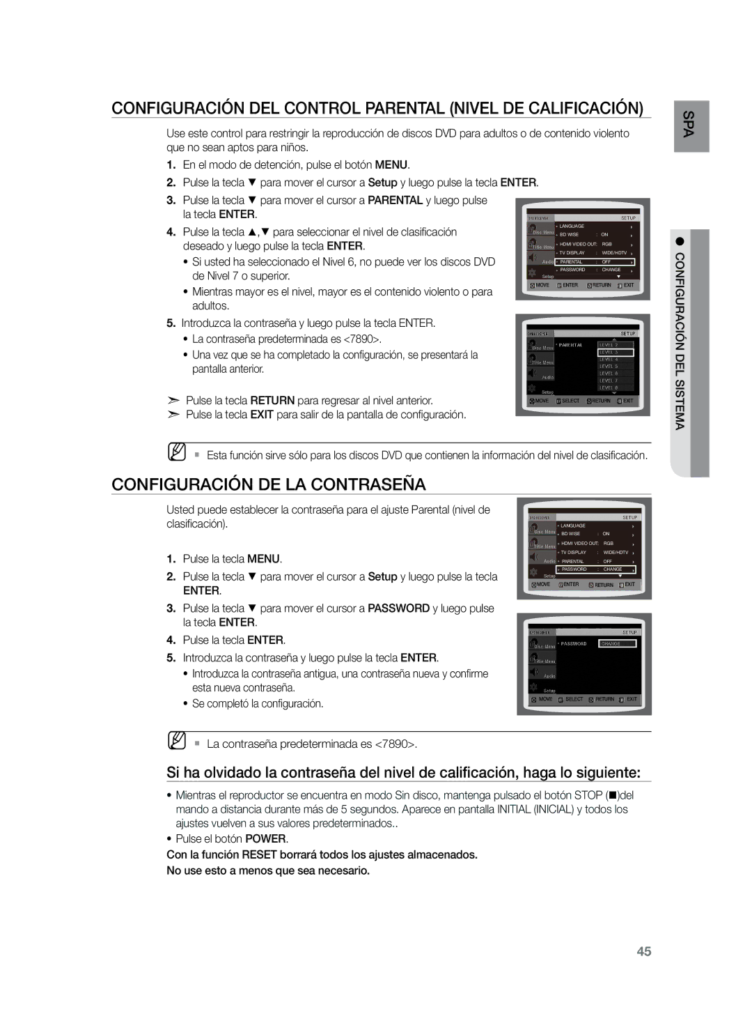 Samsung HT-Z220R/EDC manual Configuración del control parental Nivel DE Calificación, Configuración de la contraseña 