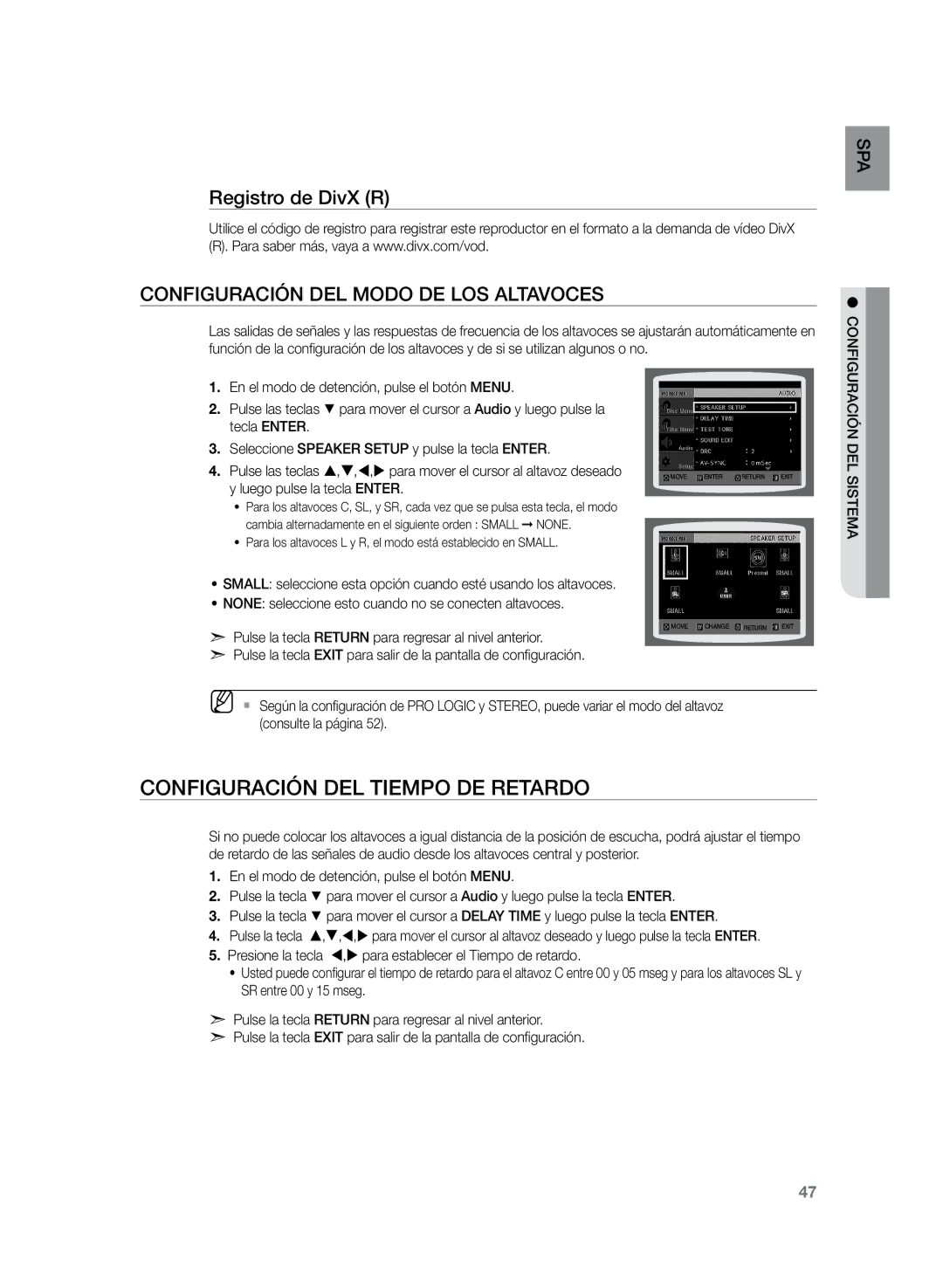 Samsung HT-TZ225R/XET Configuración del tiempo de retardo, Registro de DivX R, Configuración del modo de los altavoces 