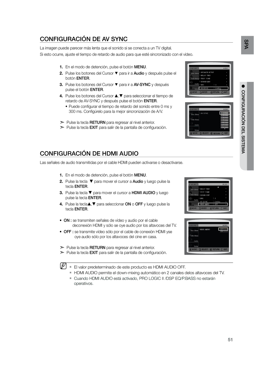 Samsung HT-Z220R/EDC, HT-Z220R/XET Configuración de AV Sync, Configuración de Hdmi Audio, SPA delsistema guración confi 