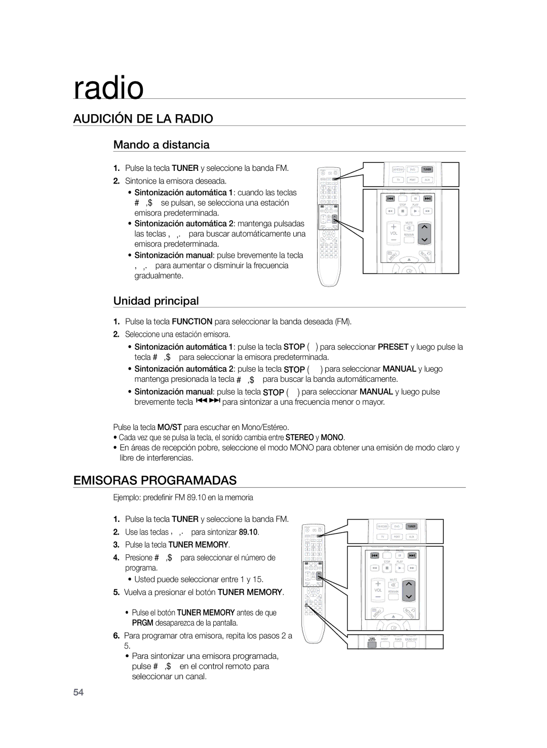 Samsung HT-Z220R/EDC, HT-Z220R/XET Radio, Audición DE la radio, Emisoras programadas, Mando a distancia, Unidad principal 