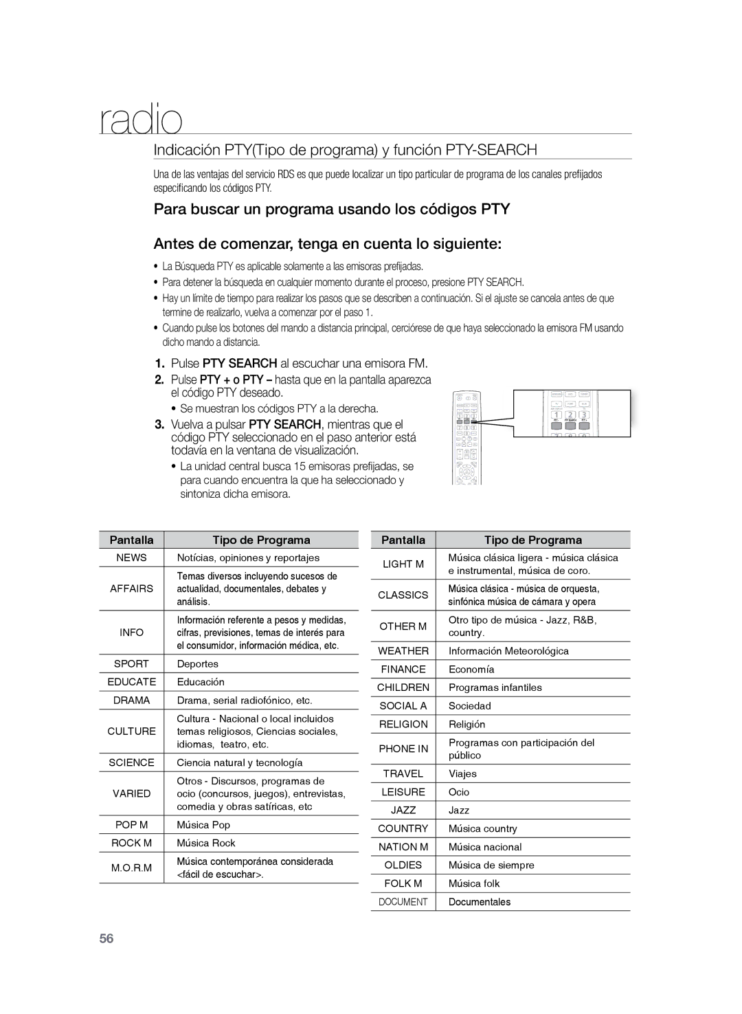 Samsung HT-TZ225R/XET, HT-Z220R/EDC manual Indicación PTYTipo de programa y función PTY-SEARCH, Pantalla Tipo de Programa 