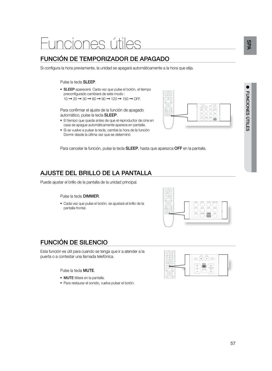 Samsung HT-Z220R/EDC manual Funciones útiles, Ajuste del brillo de la pantalla, Función DE Silencio, Pulse la tecla Mute 