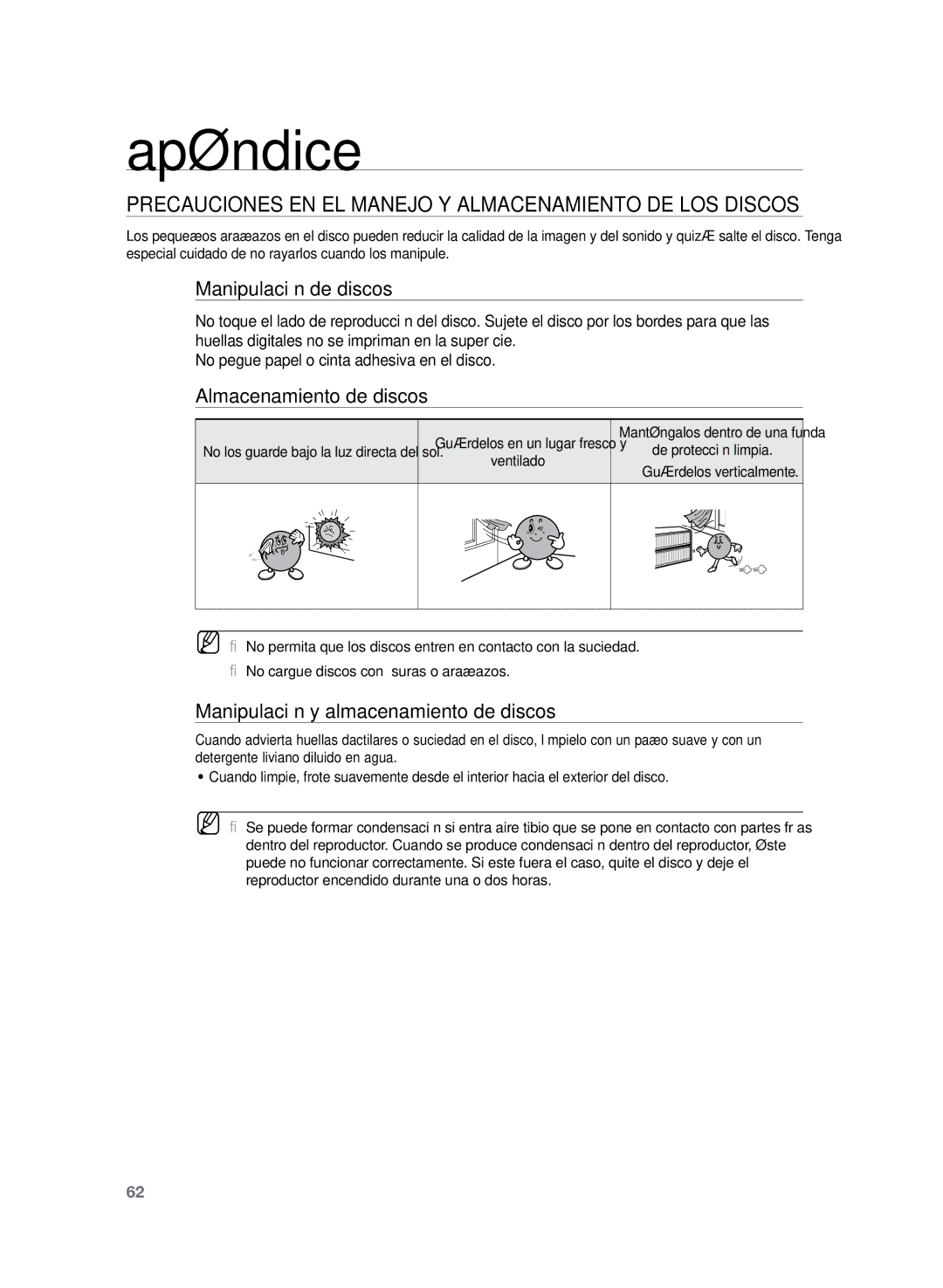 Samsung HT-TZ225R/XET manual Apéndice, Precauciones en el manejo y almacenamiento de los discos, Manipulación de discos 