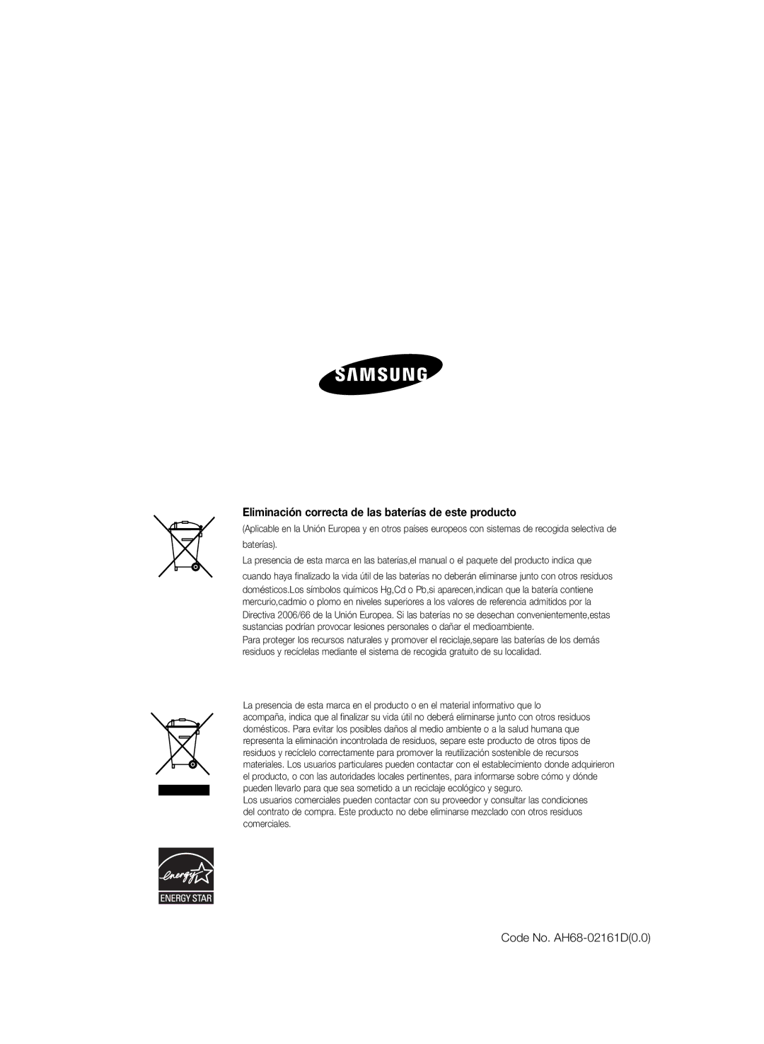 Samsung HT-Z220R/EDC, HT-Z220R/XET manual Eliminación correcta de las baterías de este producto, Code No. AH68-02161D0.0 