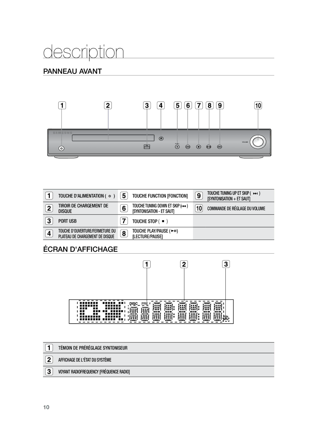 Samsung HT-TZ225R/XEF, HT-Z220R/XEF, HT-TZ222R/XEF manual Description, Panneau avant 