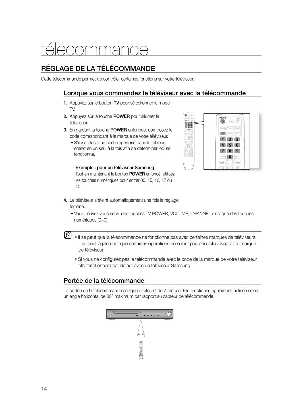 Samsung HT-TZ222R/XEF, HT-Z220R/XEF Réglage de la télécommande, Lorsque vous commandez le téléviseur avec la télécommande 