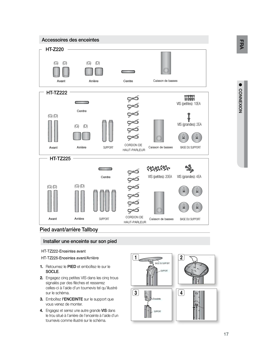 Samsung HT-TZ222R/XEF, HT-Z220R/XEF, HT-TZ225R/XEF manual Pied avant/arrière Tallboy, Accessoires des enceintes HT-Z220 