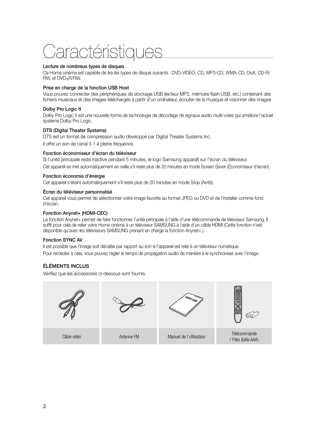 Samsung HT-TZ222R/XEF, HT-Z220R/XEF, HT-TZ225R/XEF manual Caractéristiques, Éléments Inclus 