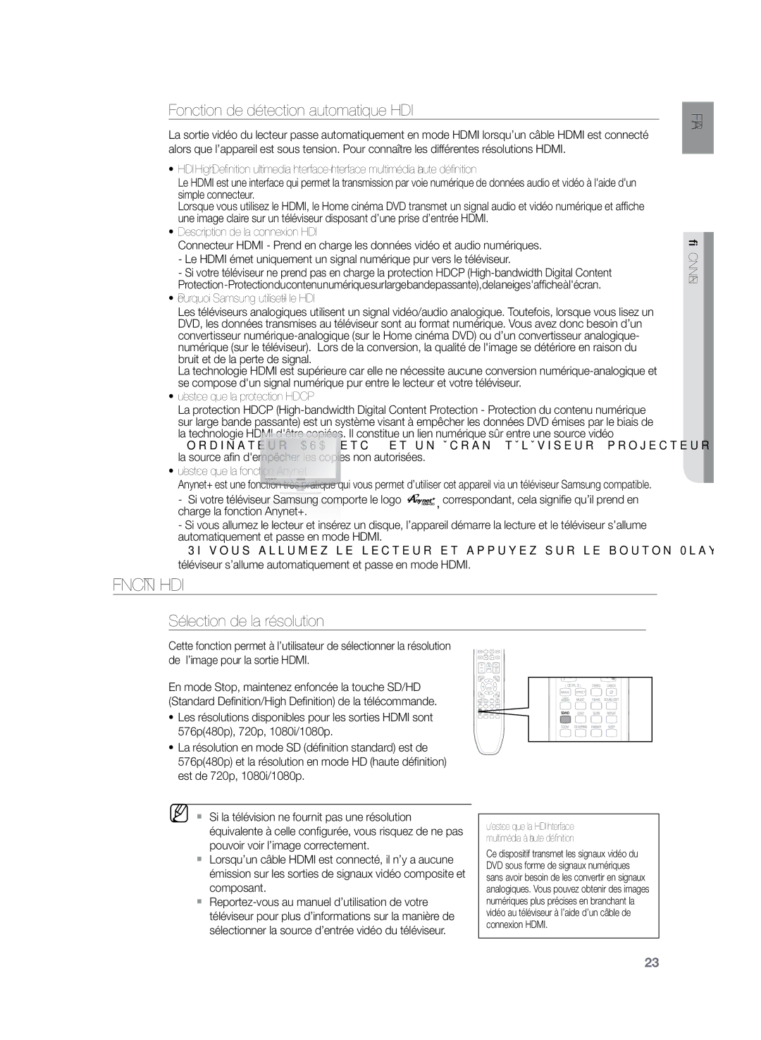 Samsung HT-TZ222R/XEF, HT-Z220R/XEF manual Fonction Hdmi, Fonction de détection automatique Hdmi, Sélection de la résolution 