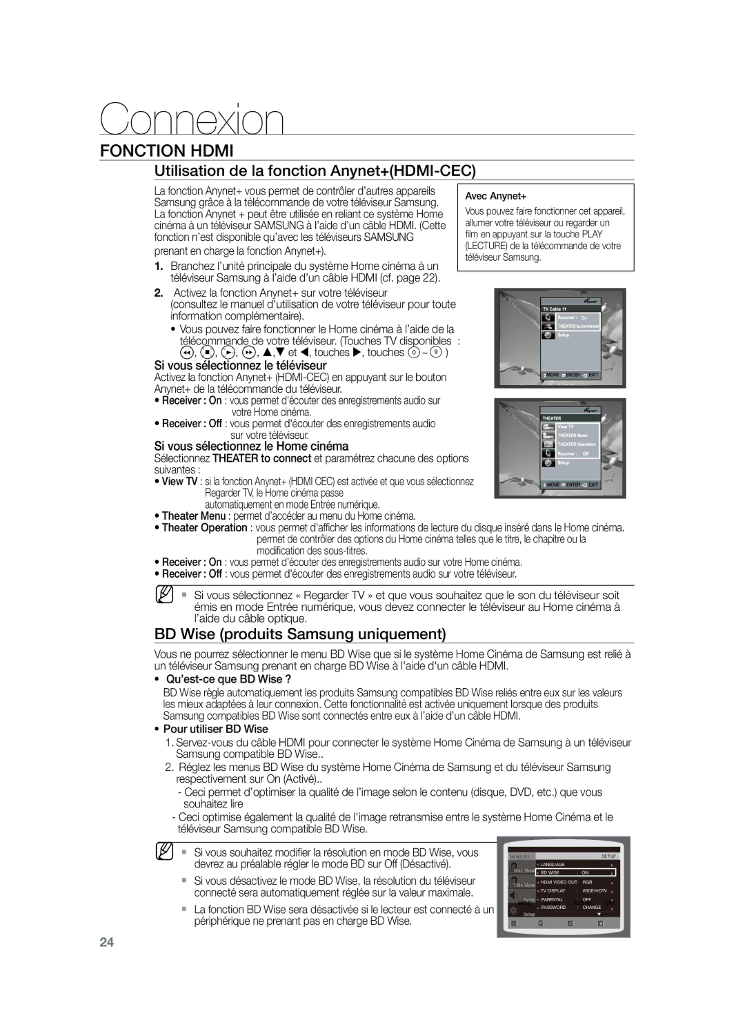 Samsung HT-Z220R/XEF, HT-TZ225R/XEF Mm``, Utilisation de la fonction Anynet+HDMI-CEC, BD Wise produits Samsung uniquement 