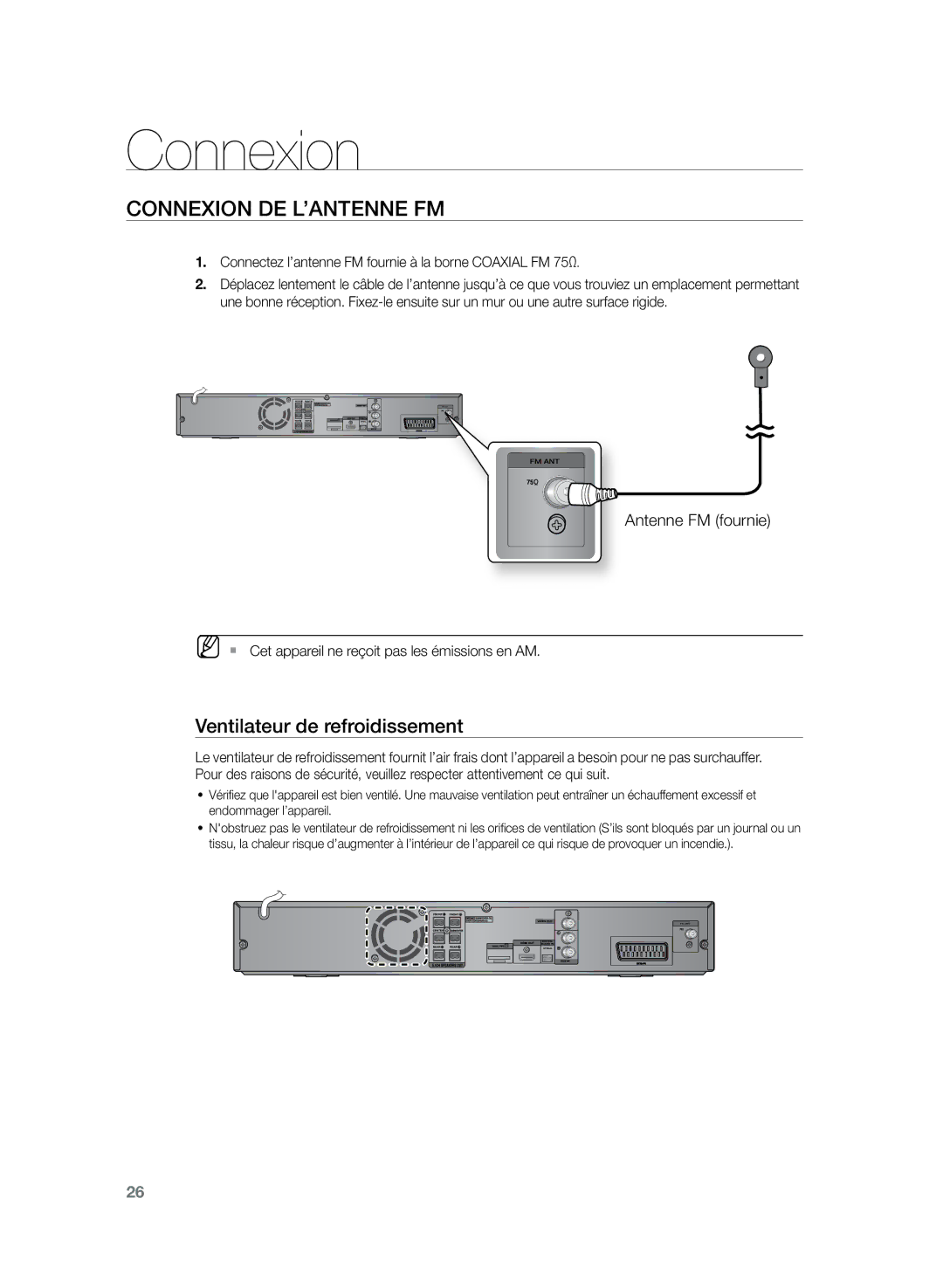 Samsung HT-TZ222R/XEF, HT-Z220R/XEF, HT-TZ225R/XEF manual Connexion de l’antenne FM, Ventilateur de refroidissement 