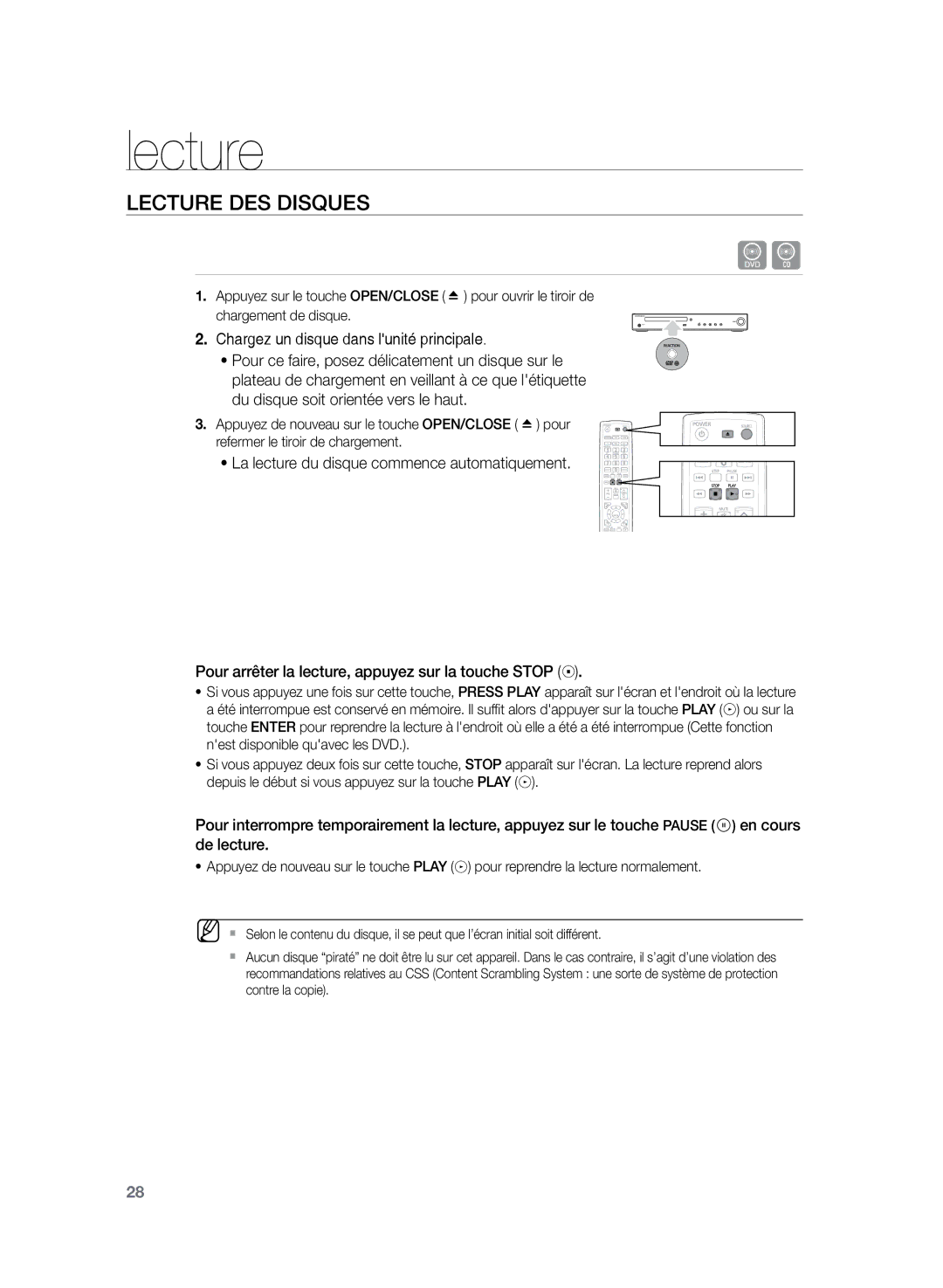 Samsung HT-TZ225R/XEF, HT-Z220R/XEF, HT-TZ222R/XEF manual Lecture des disques 