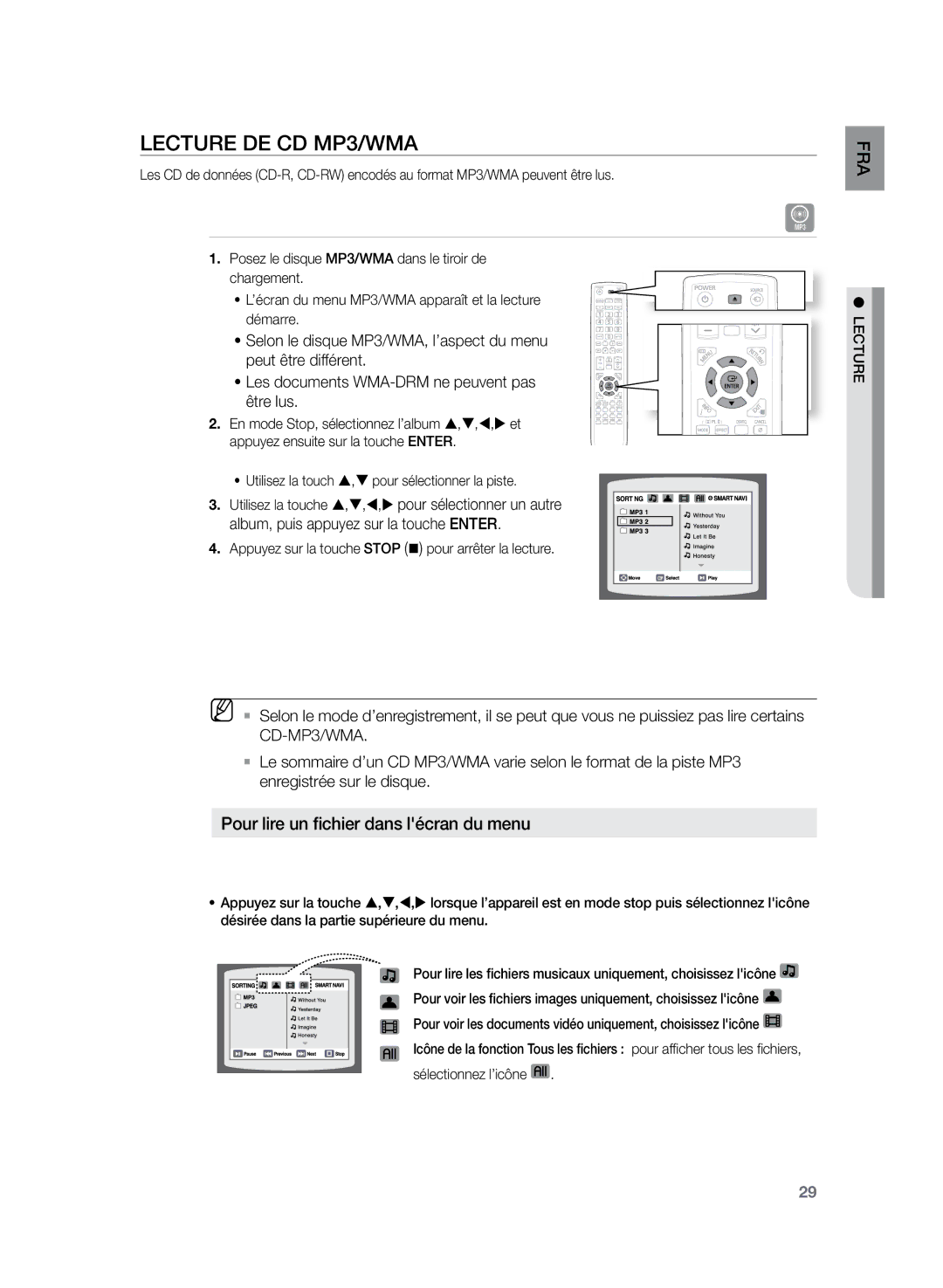 Samsung HT-TZ222R/XEF manual Lecture de CD MP3/WMA, Pour lire un fichier dans lécran du menu, Sélectionnez l’icône Lecture 