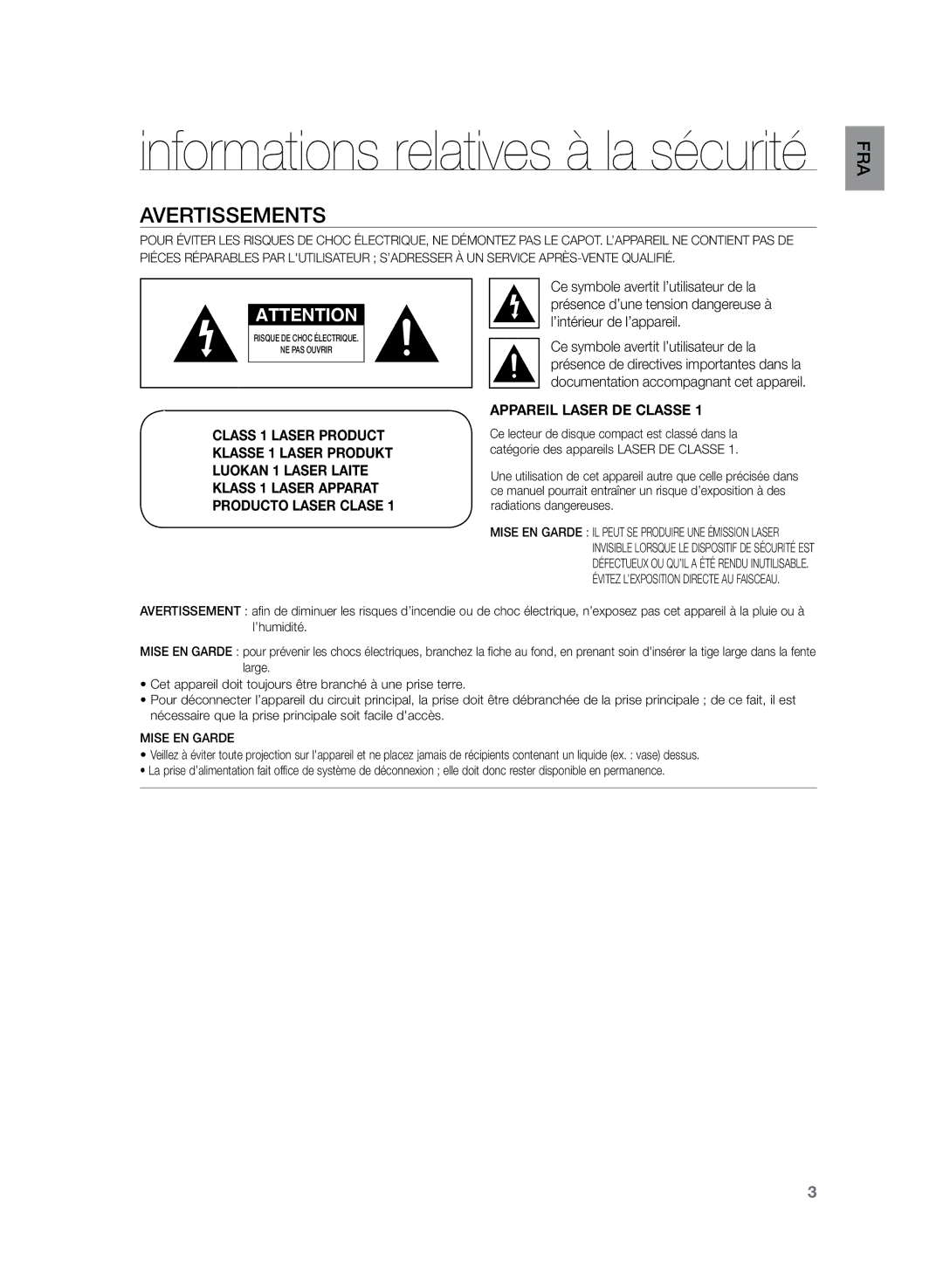 Samsung HT-Z220R/XEF, HT-TZ225R/XEF, HT-TZ222R/XEF manual Informations relatives à la sécurité, Avertissements 