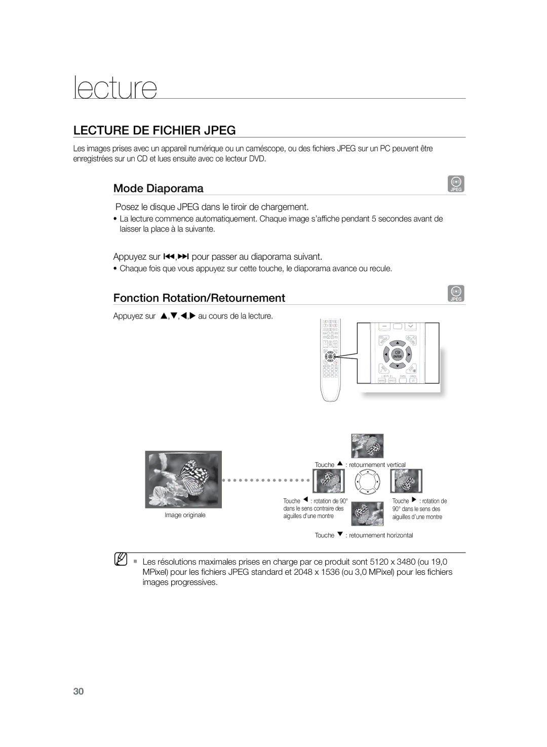 Samsung HT-Z220R/XEF, HT-TZ225R/XEF, HT-TZ222R/XEF Lecture de fichier Jpeg, Mode Diaporama, Fonction Rotation/Retournement 