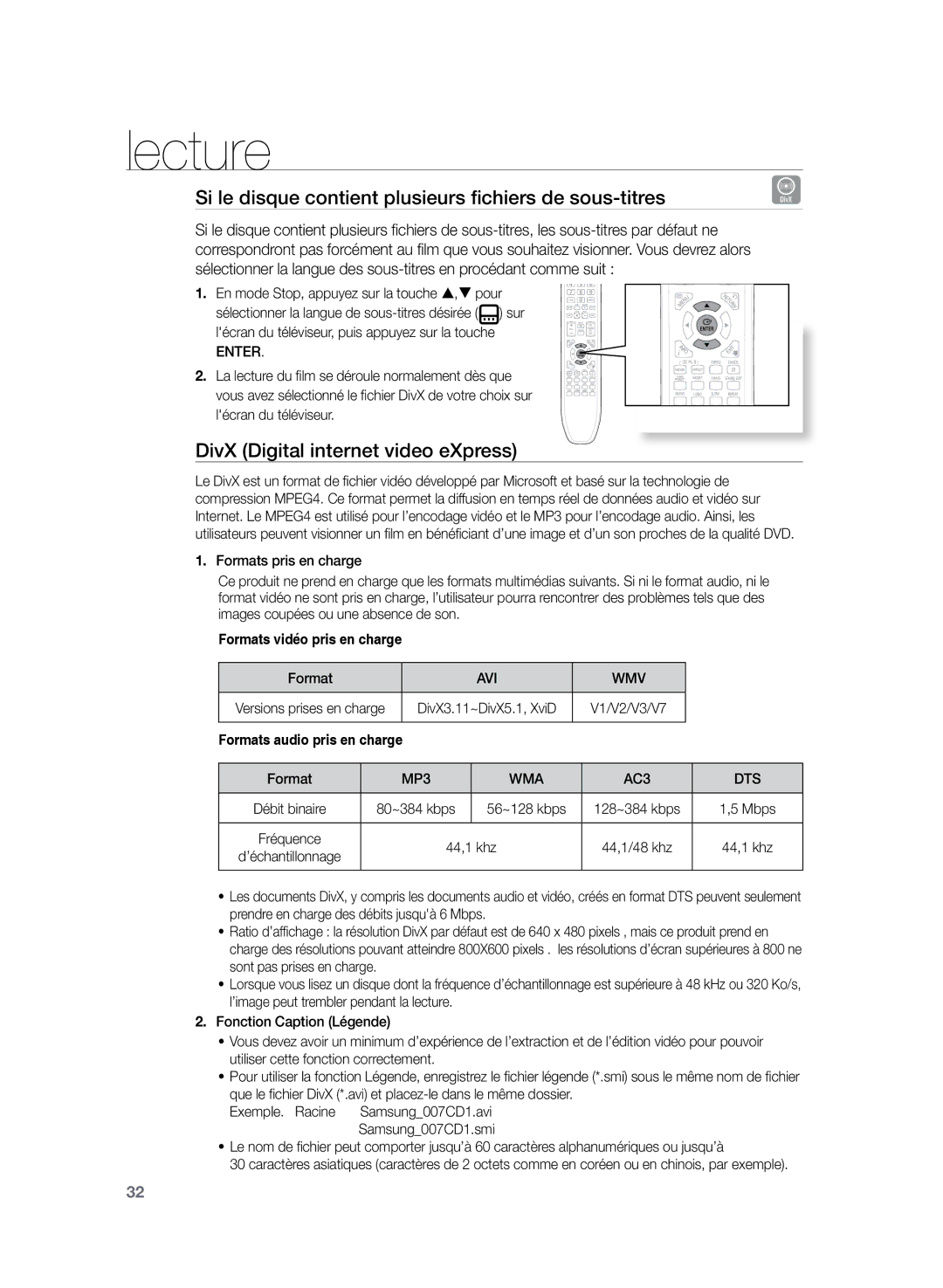 Samsung HT-TZ222R/XEF Si le disque contient plusieurs fichiers de sous-titres, DivX Digital internet video eXpress, Enter 