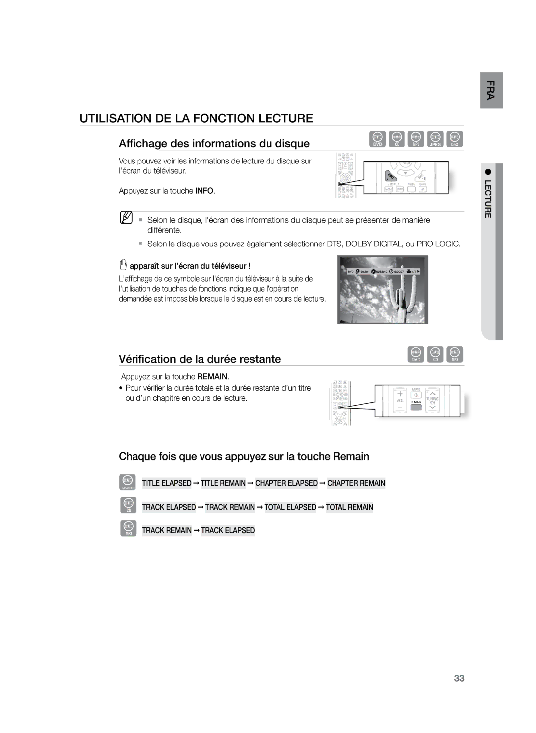 Samsung HT-Z220R/XEF, HT-TZ225R/XEF, HT-TZ222R/XEF Utilisation de la fonction Lecture, Affichage des informations du disque 