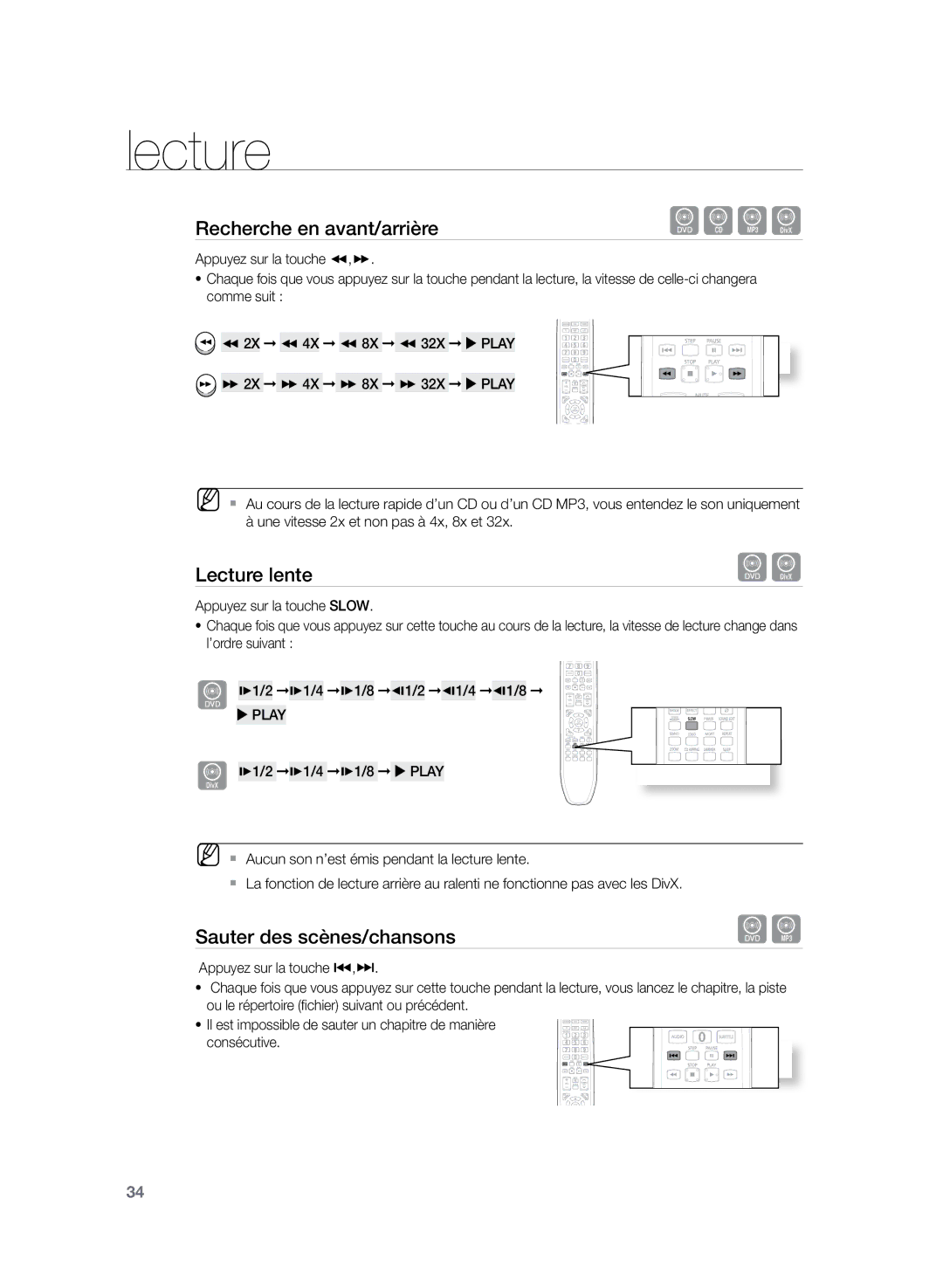 Samsung HT-TZ225R/XEF, HT-Z220R/XEF, HT-TZ222R/XEF manual Lecture lente, Sauter des scènes/chansons 