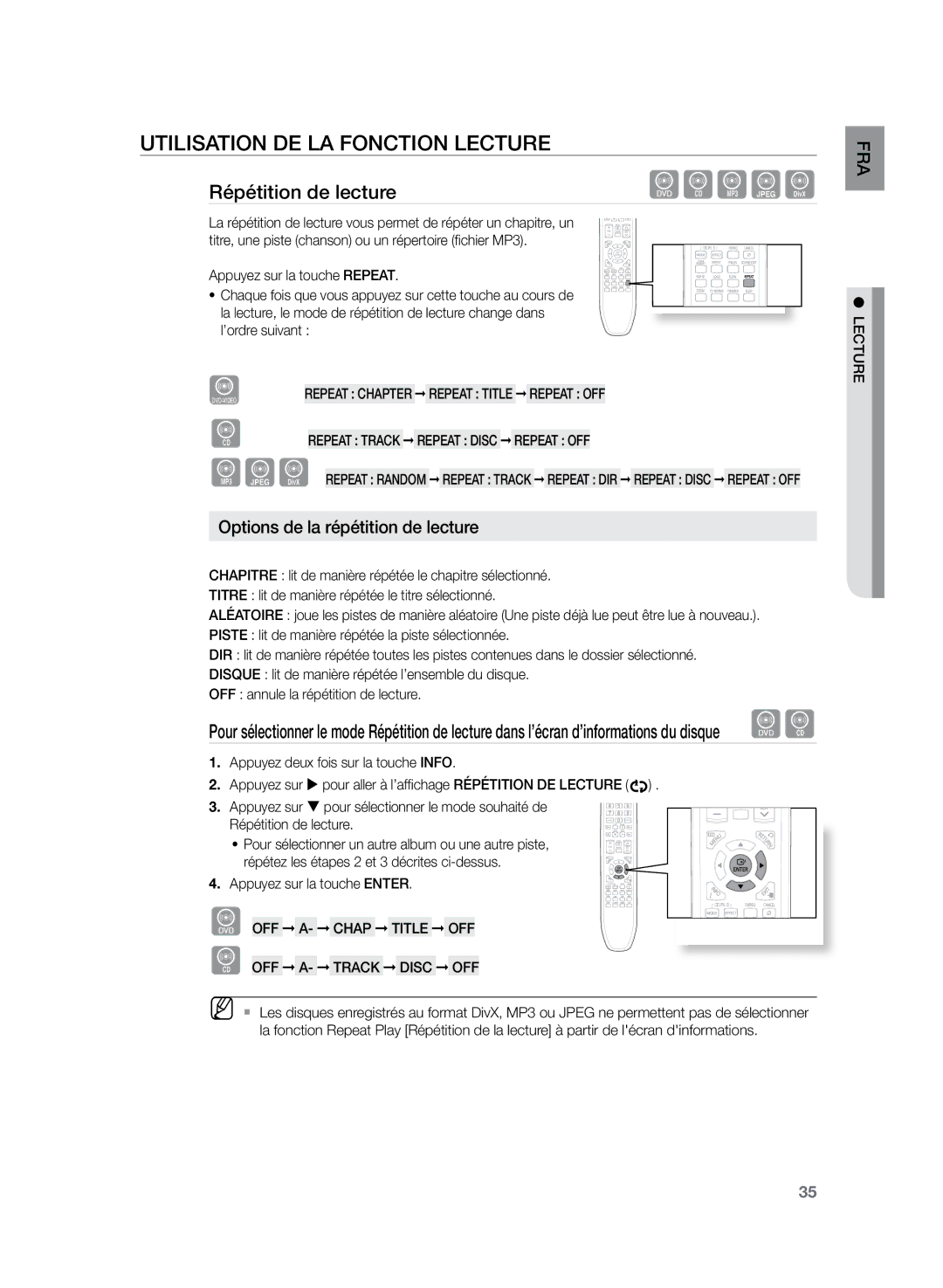 Samsung HT-TZ222R/XEF, HT-Z220R/XEF manual Répétition de lecture, Options de la répétition de lecture, OFF A- Track Disc OFF 