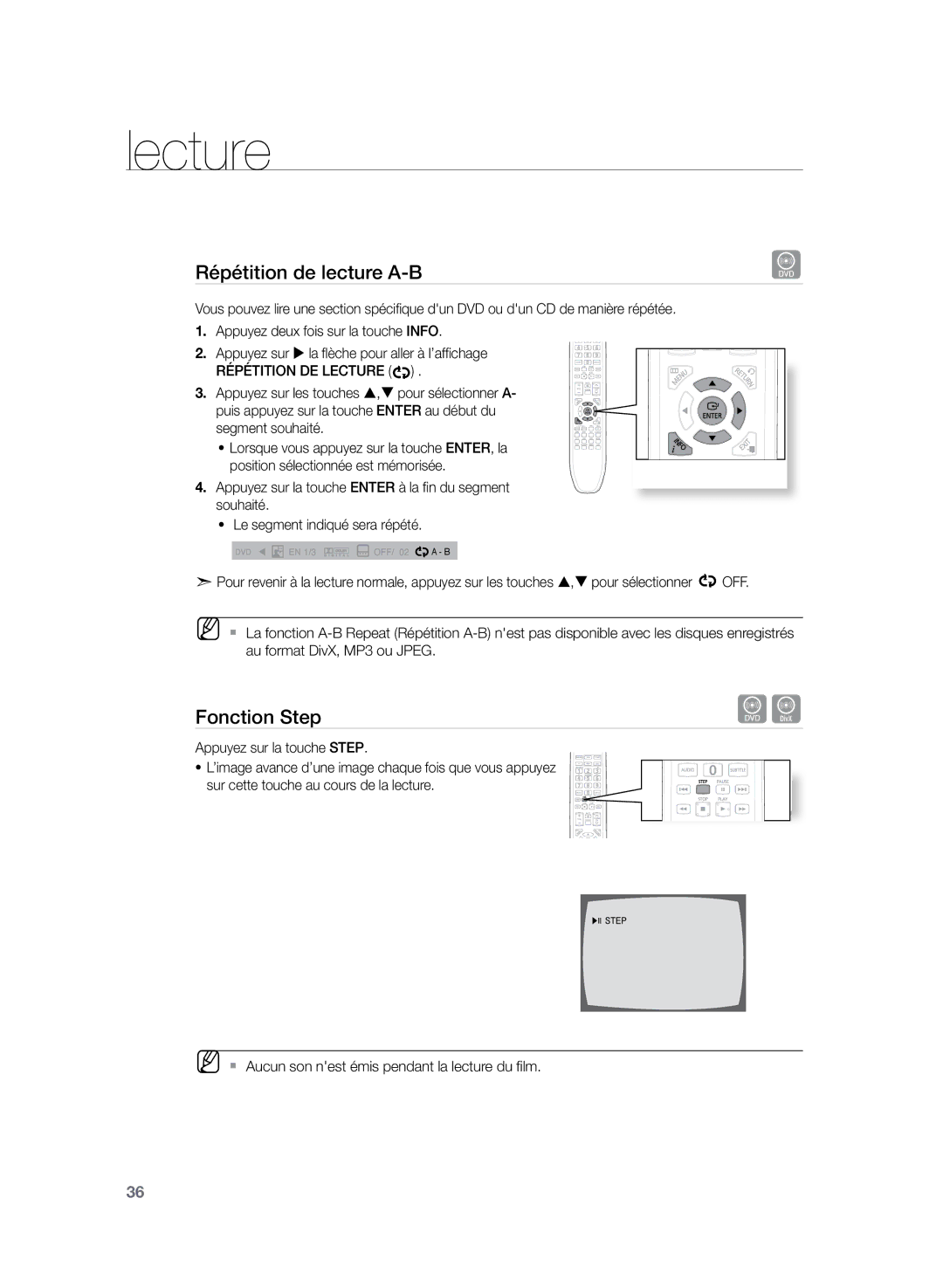 Samsung HT-Z220R/XEF, HT-TZ225R/XEF, HT-TZ222R/XEF manual Répétition de lecture A-B, Fonction Step, Répétition DE Lecture 