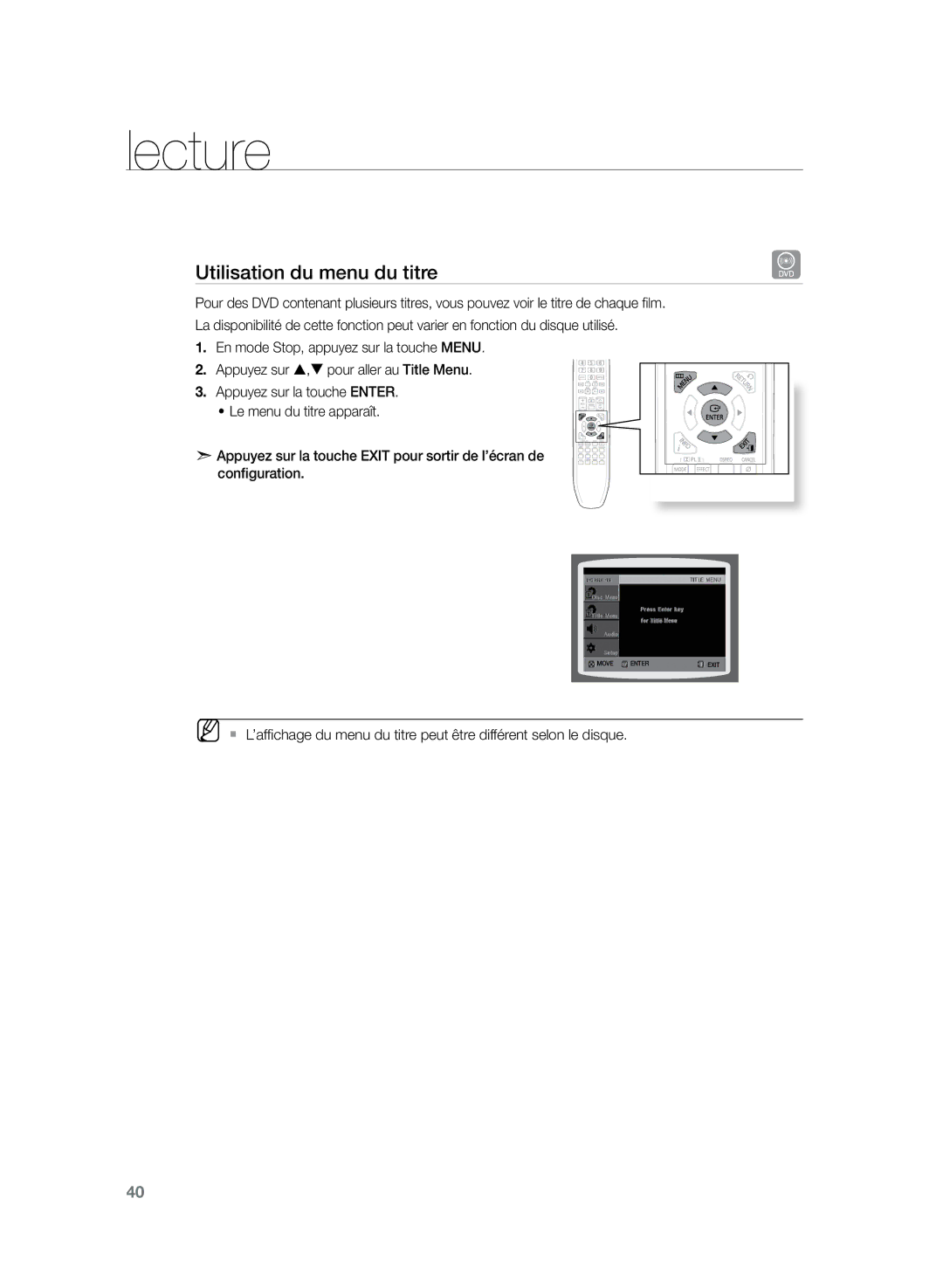 Samsung HT-TZ225R/XEF, HT-Z220R/XEF, HT-TZ222R/XEF manual Utilisation du menu du titre 