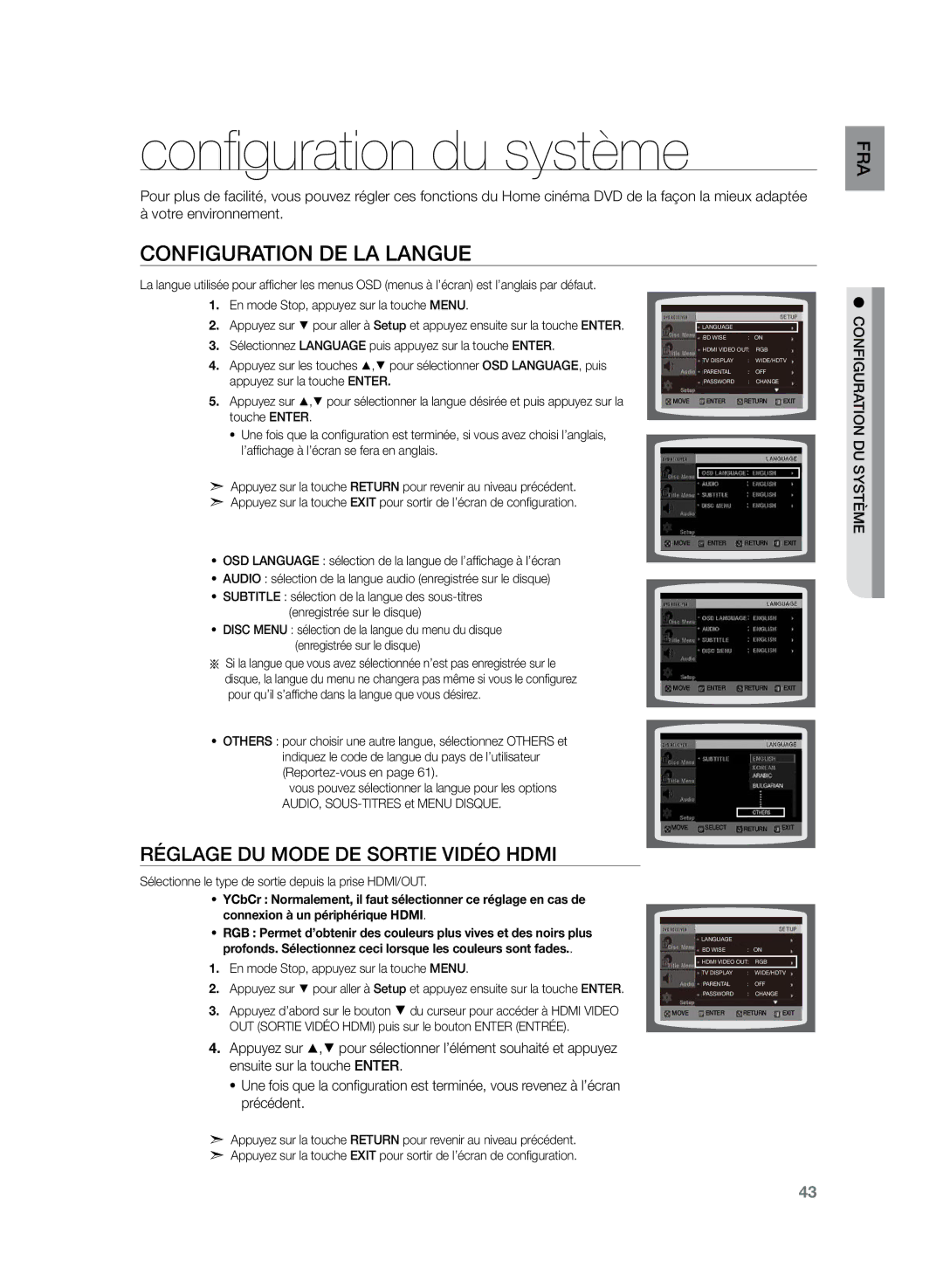 Samsung HT-TZ225R/XEF, HT-Z220R/XEF, HT-TZ222R/XEF manual Configuration du système, Configuration de la langue, Ème systduFRA 