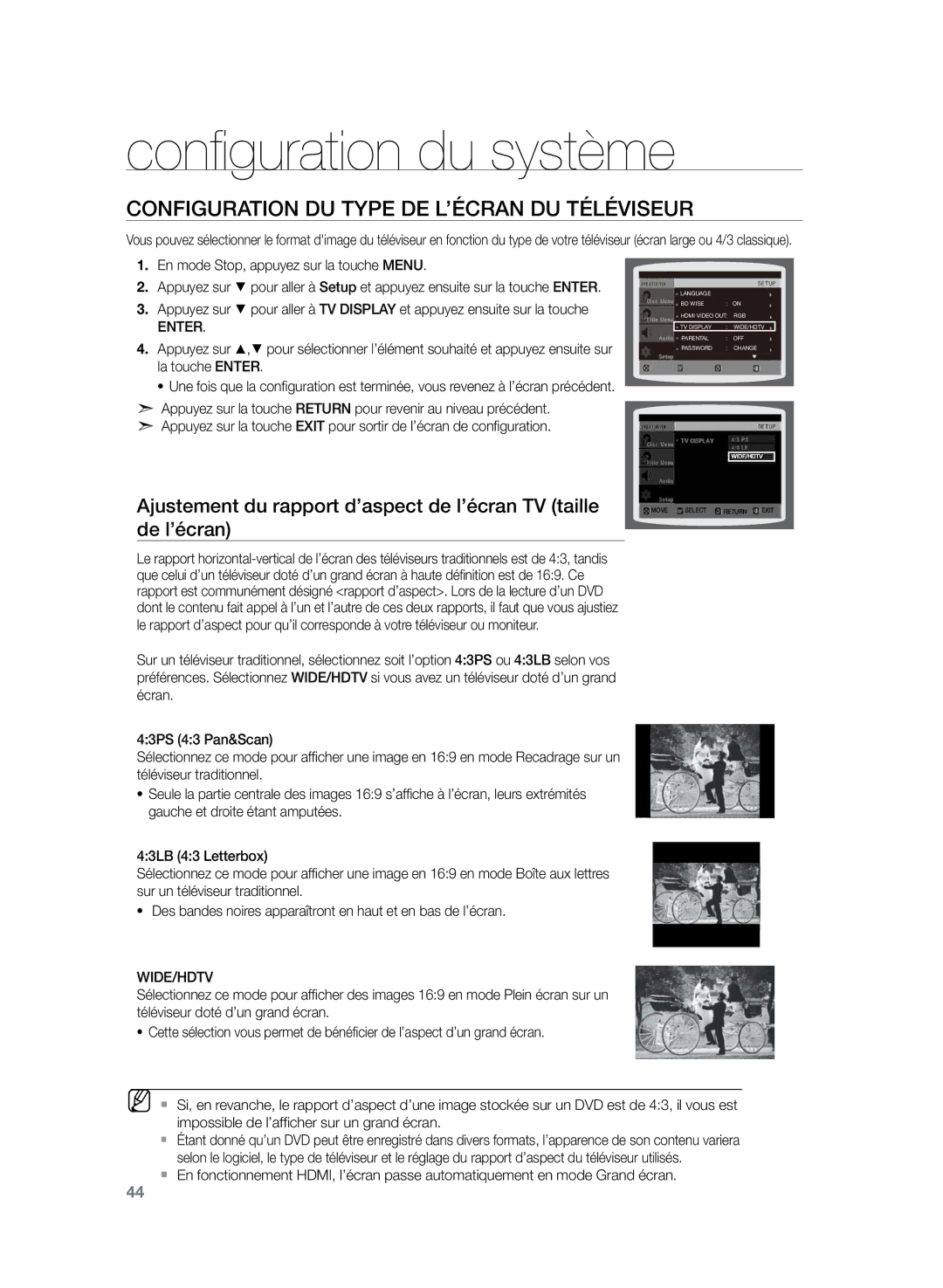 Samsung HT-TZ222R/XEF Configuration du type de l’écran du téléviseur, En mode Stop, appuyez sur la touche Menu, Wide/Hdtv 