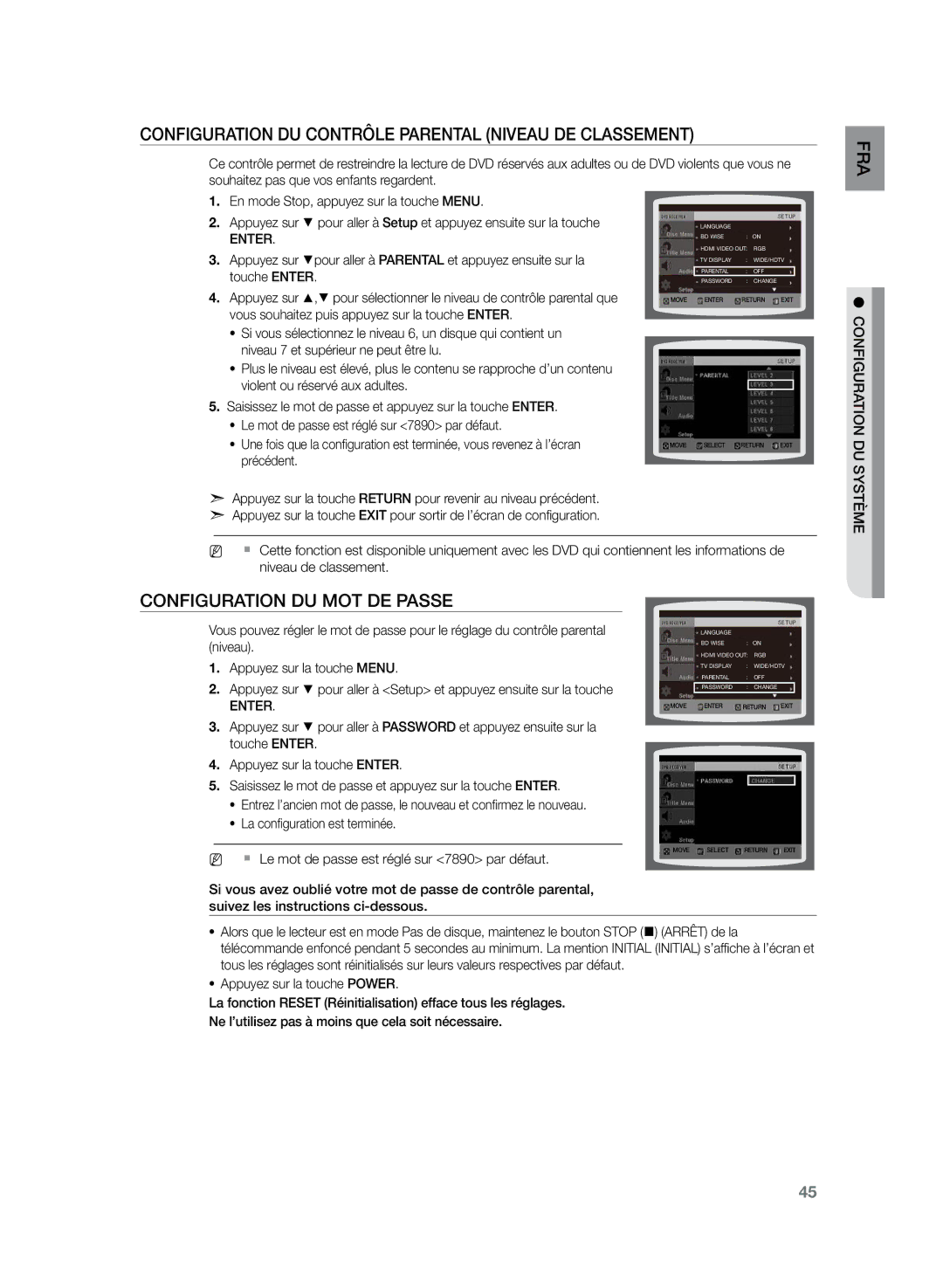 Samsung HT-Z220R/XEF, HT-TZ225R/XEF Configuration du contrôle parental Niveau de classement, Configuration du mot de passe 