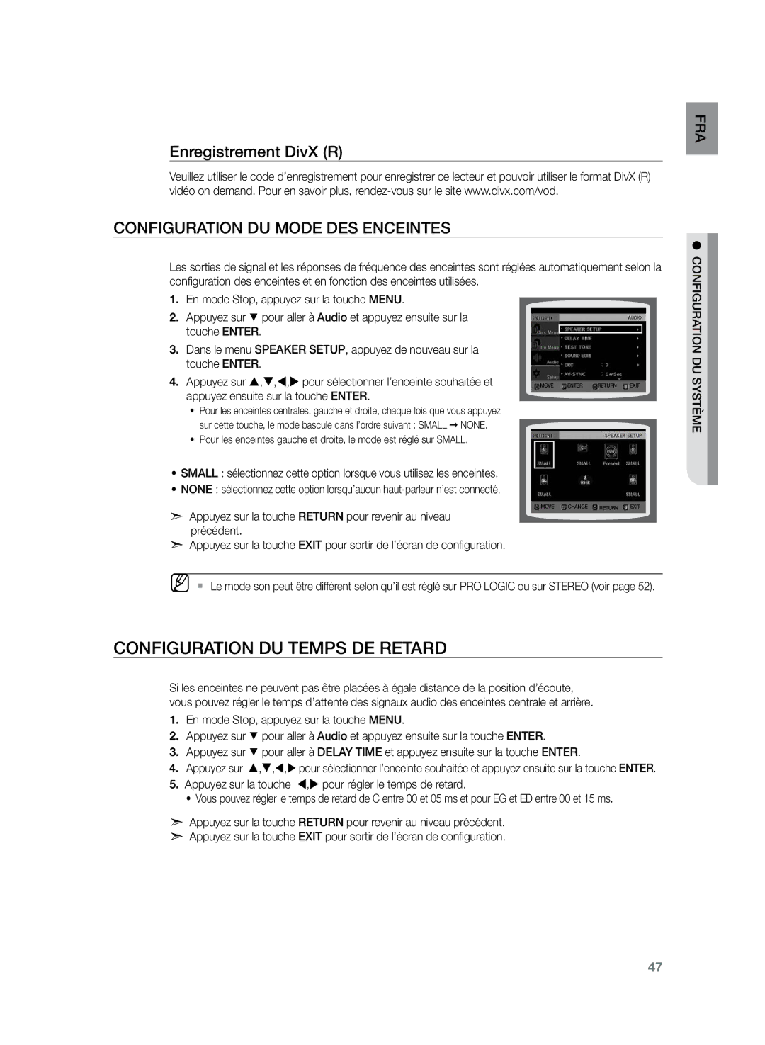 Samsung HT-TZ222R/XEF manual Configuration du temps de retard, Enregistrement DivX R Configuration du mode des enceintes 