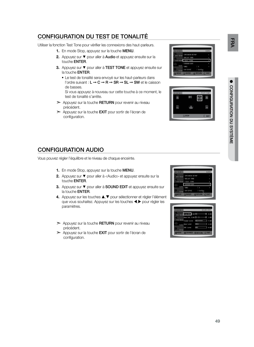 Samsung HT-TZ225R/XEF, HT-Z220R/XEF, HT-TZ222R/XEF manual Configuration du test de tonalité, Configuration audio, DuFRA 