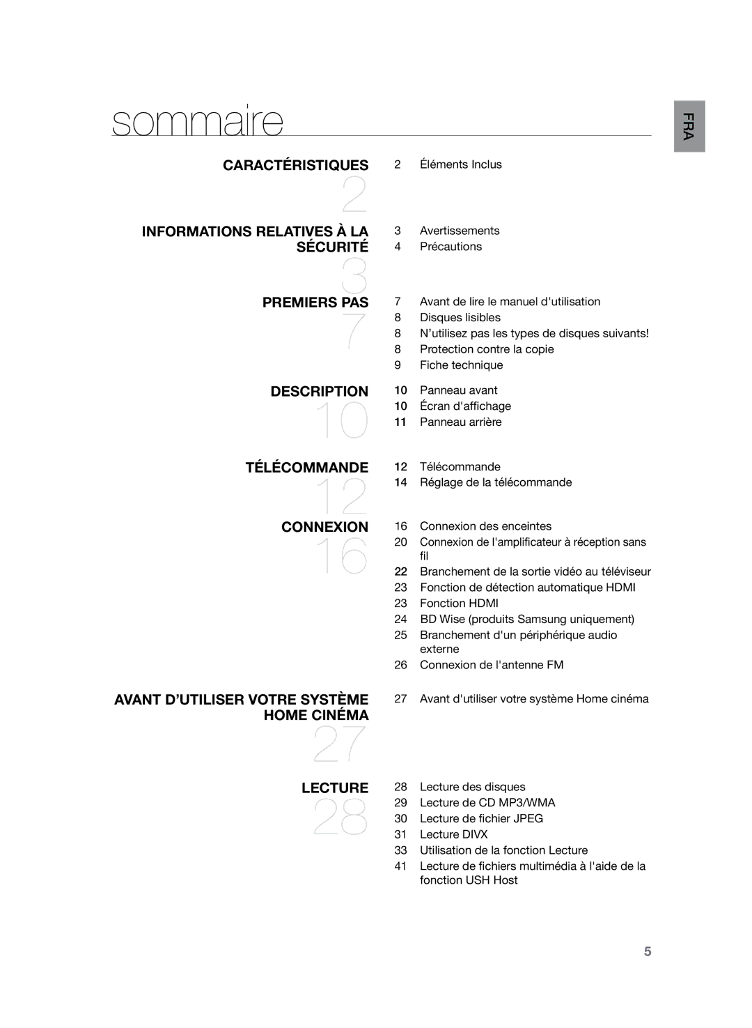 Samsung HT-TZ222R/XEF, HT-Z220R/XEF, HT-TZ225R/XEF manual Sommaire, Informations relatives à la sécurité Premiers pas 