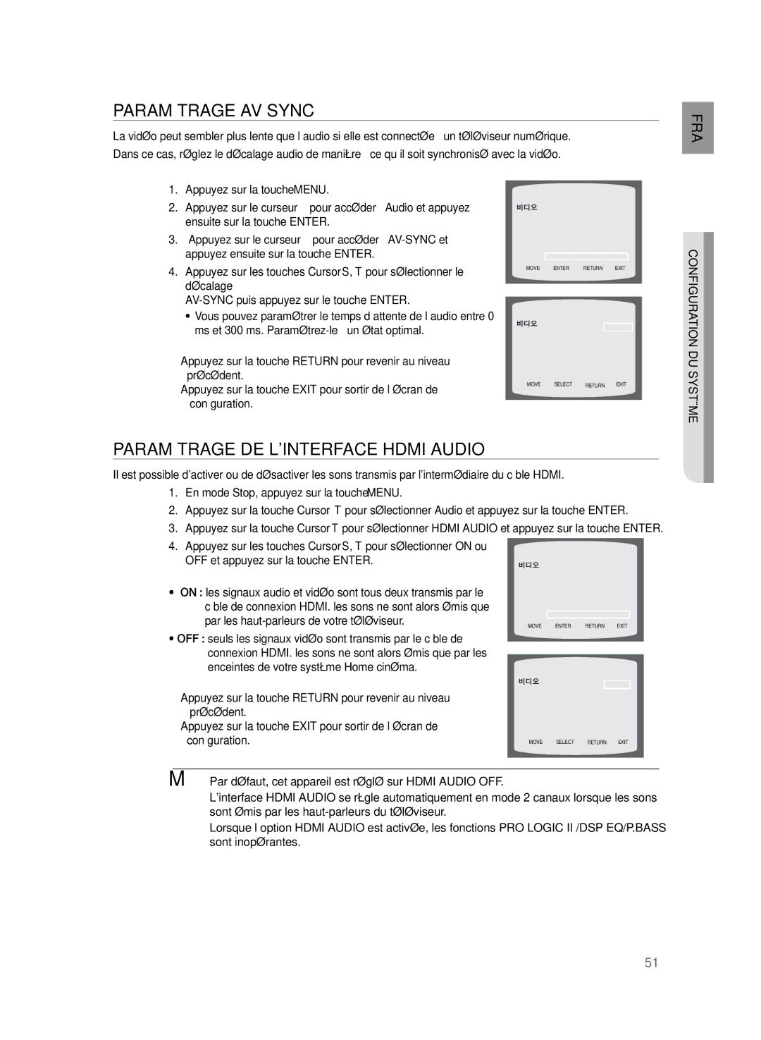 Samsung HT-Z220R/XEF Paramétrage AV Sync, Paramétrage de linterface Hdmi audio, Par les haut-parleurs de votre téléviseur 