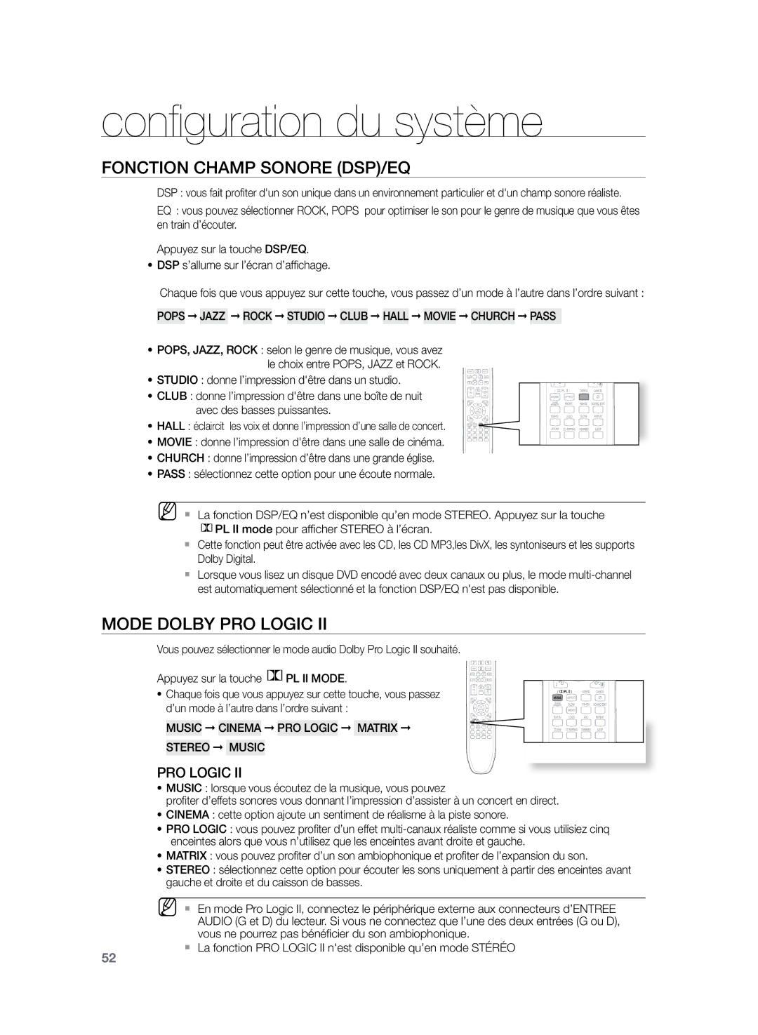 Samsung HT-TZ225R/XEF manual Fonction Champ sonore DSP/EQ, Mode Dolby Pro Logic, Music Cinema PRO Logic Matrix Stereo Music 