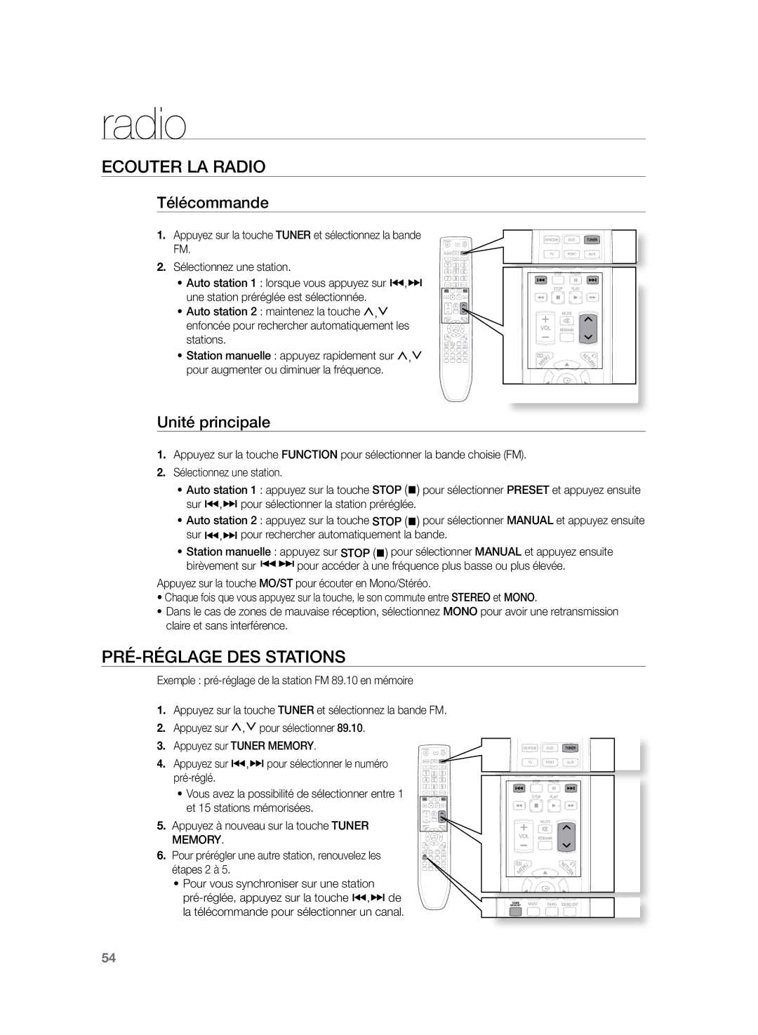 Samsung HT-Z220R/XEF, HT-TZ225R/XEF manual Radio, Ecouter la radio, Pré-réglage des stations, Télécommande, Unité principale 