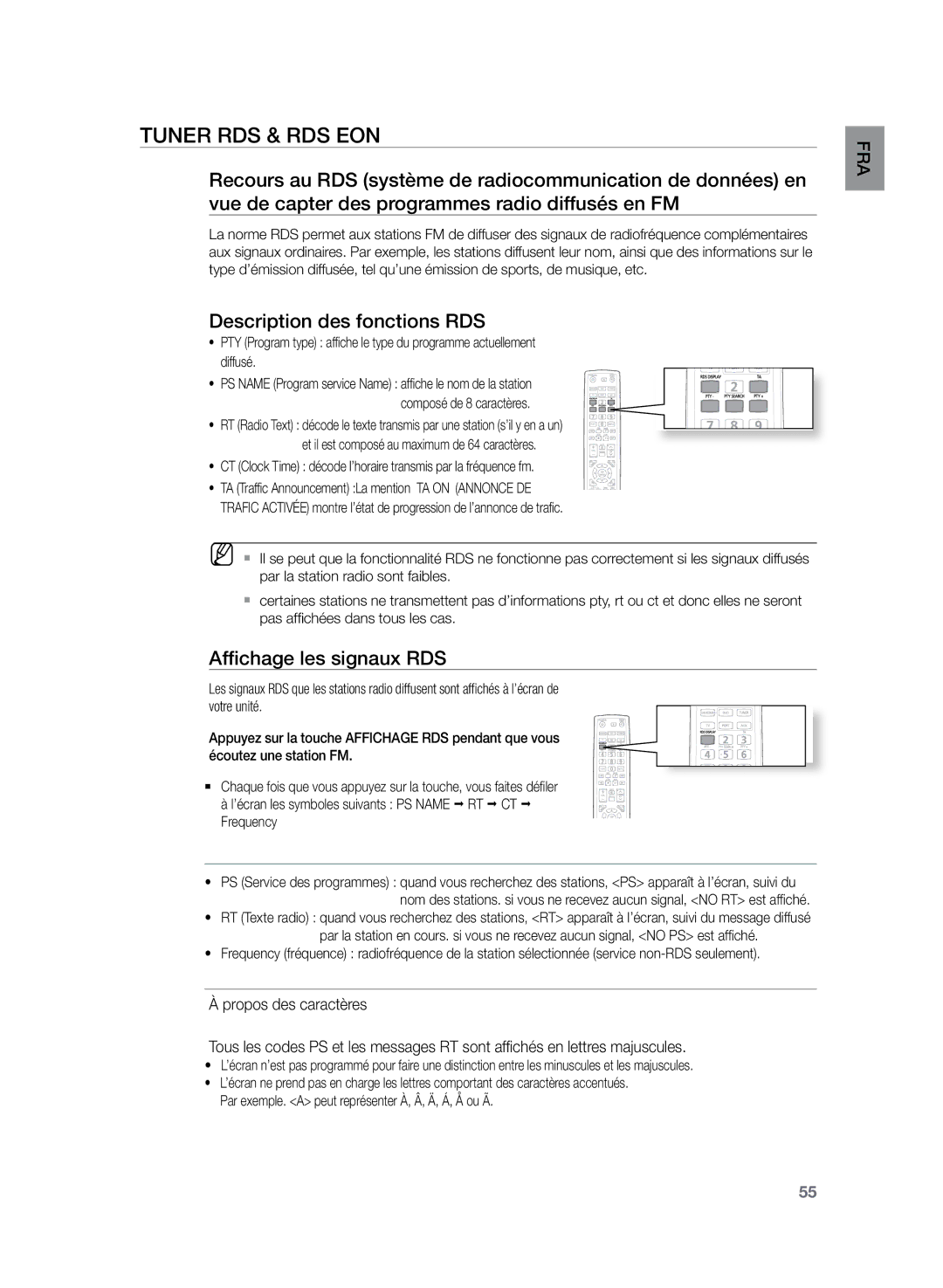 Samsung HT-TZ225R/XEF, HT-Z220R/XEF manual Tuner RDS & RDS EON, Description des fonctions RDS, Affichage les signaux RDS 