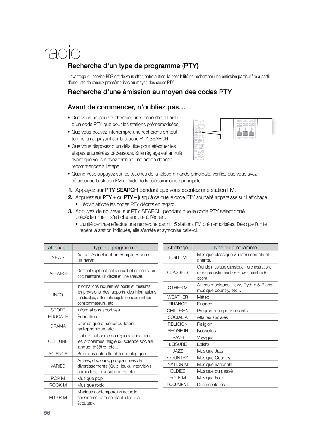 Samsung HT-TZ222R/XEF, HT-Z220R/XEF Recherche dun type de programme PTY, ’écran affiche les codes PTY décrits en regard 