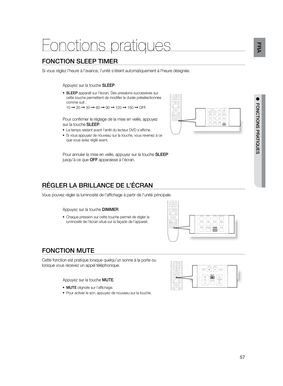 Samsung HT-Z220R/XEF manual Fonctions pratiques, Fonction Sleep timer, Régler la brillance de l’écran, Fonction Mute 