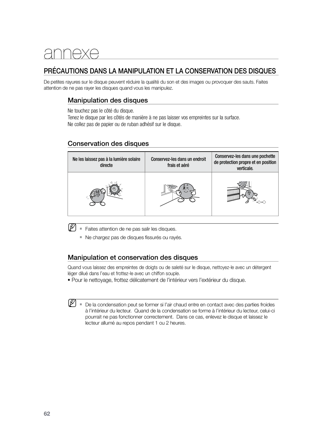 Samsung HT-TZ222R/XEF Annexe, Manipulation des disques, Conservation des disques, Manipulation et conservation des disques 