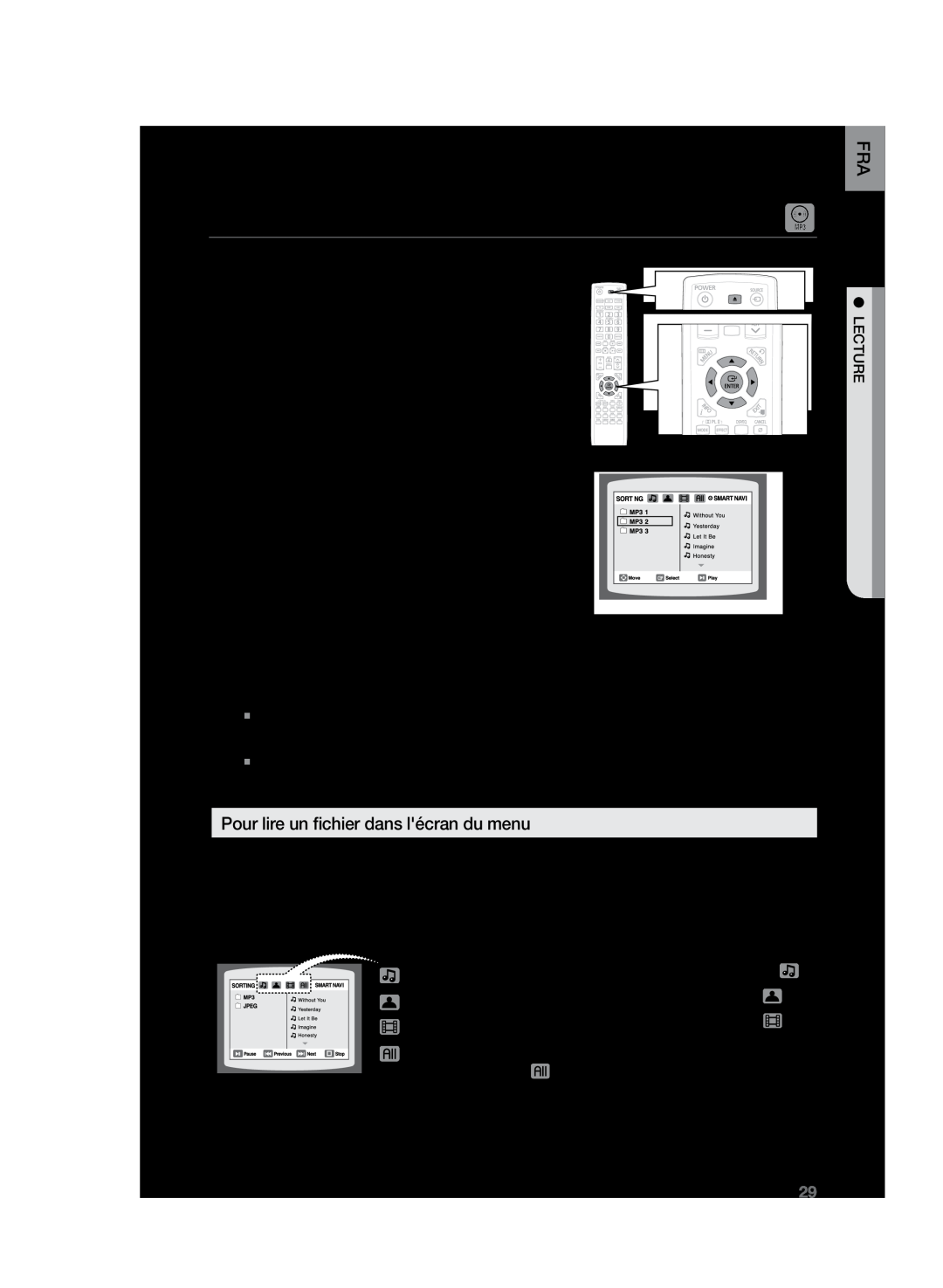 Samsung HT-TZ222R/XEF, HT-Z220R/XEF, HT-TZ225R/XEF manual Lecture de CD MP3/WMA, Pour lire un fichier dans lécran du menu 