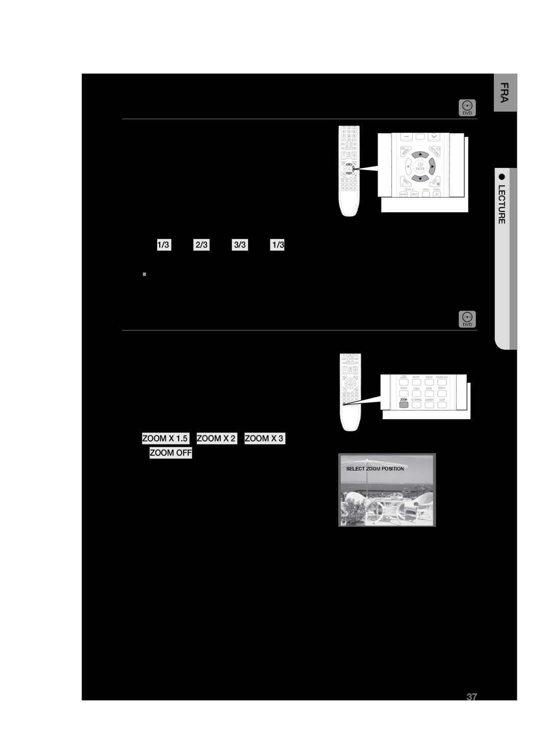 Samsung HT-TZ225R/XEF manual Fonction Angle, Fonction Zoom Agrandissement de l’écran, Utilisation de la fonction Lecture 