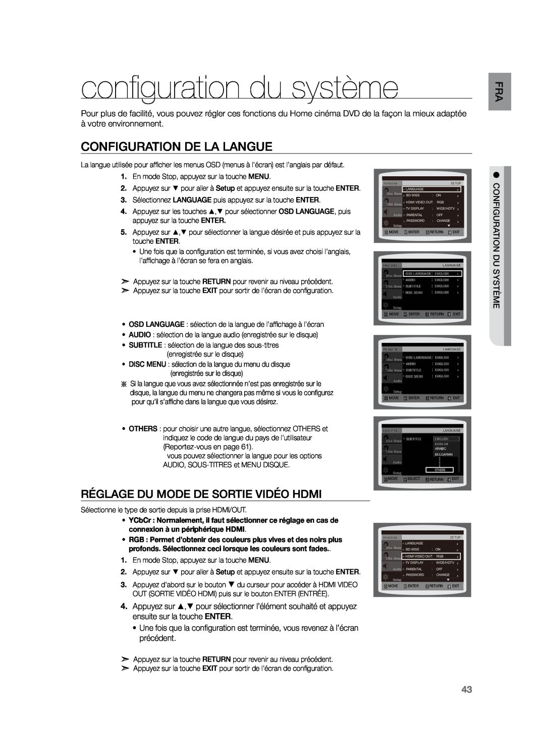 Samsung HT-TZ225R/XEF manual configuration du système, Configuration de la langue, Réglage Du Mode De Sortie Vidéo Hdmi 