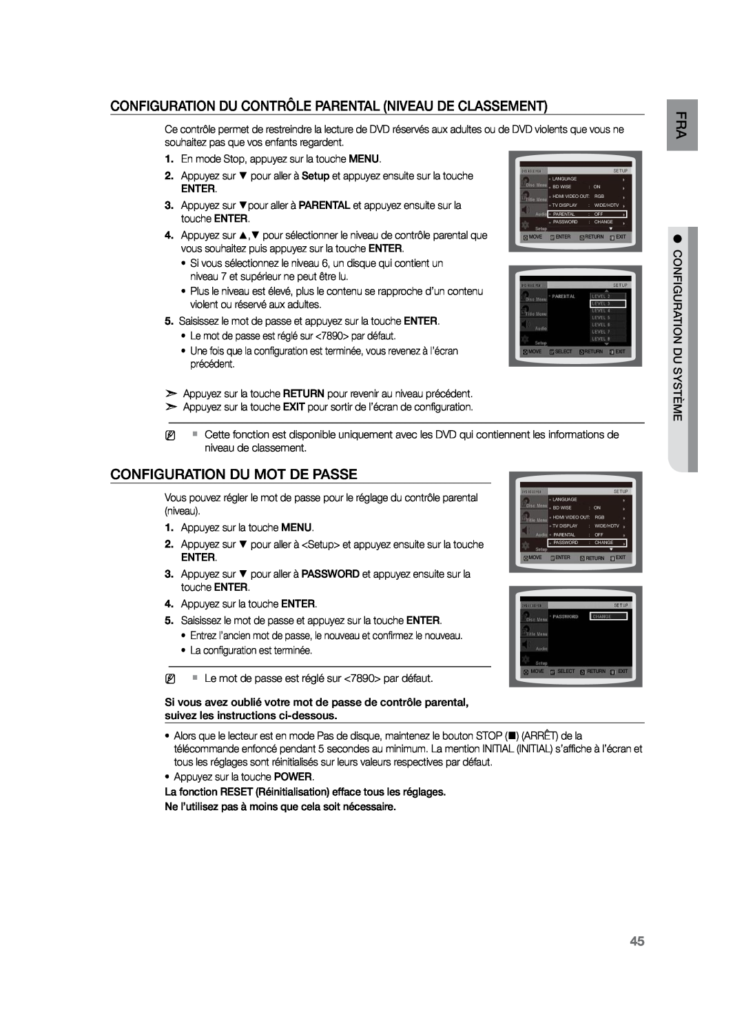 Samsung HT-Z220R/XEF manual Configuration du contrôle parental Niveau de classement, Configuration du mot de passe, Enter 