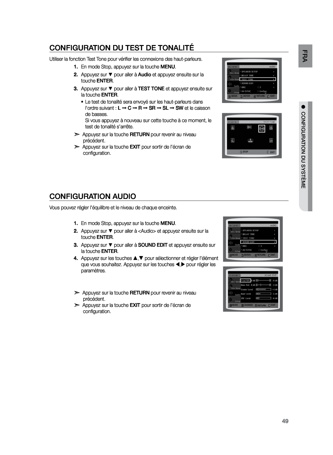 Samsung HT-TZ225R/XEF, HT-Z220R/XEF, HT-TZ222R/XEF manual Configuration du test de tonalité, Configuration audio, duFRA 
