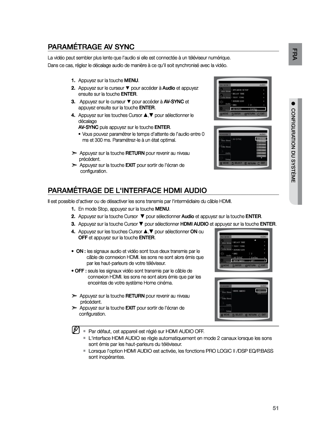 Samsung HT-Z220R/XEF, HT-TZ225R/XEF, HT-TZ222R/XEF manual Paramétrage AV SYNC, Paramétrage de linterface HDMI audio 