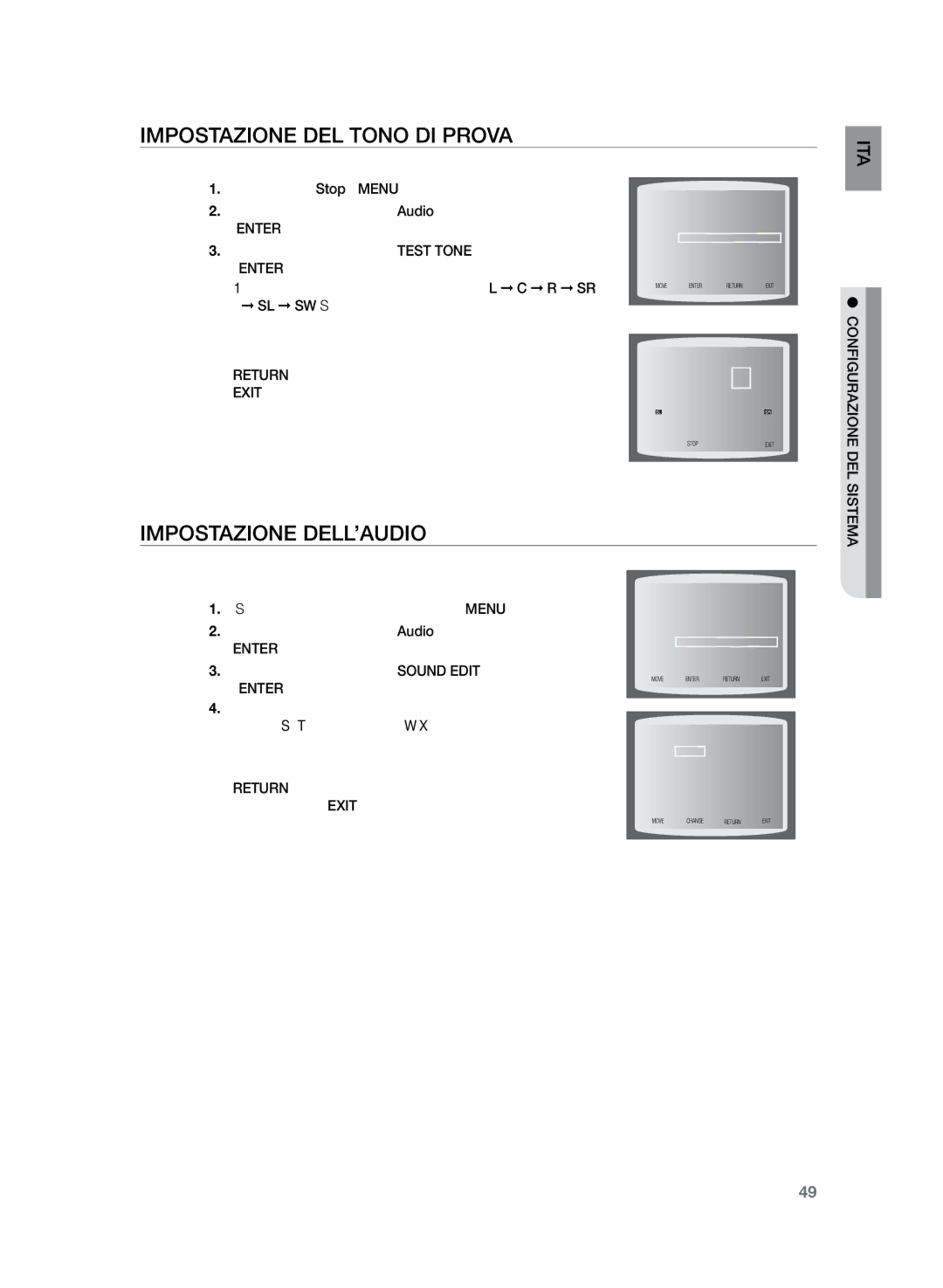 Samsung HT-Z220R/XET manual Impostazione del tono di prova, Impostazione dell’audio 