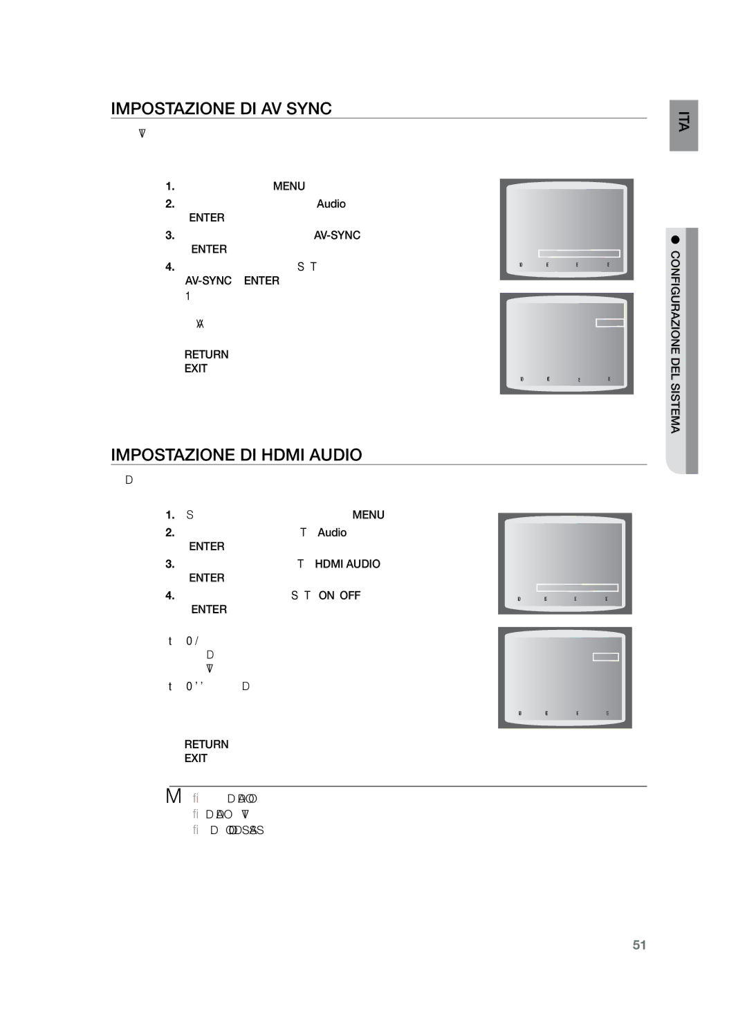 Samsung HT-Z220R/XET manual Impostazione di AV Sync, Impostazione di Hdmi Audio, Cinema 