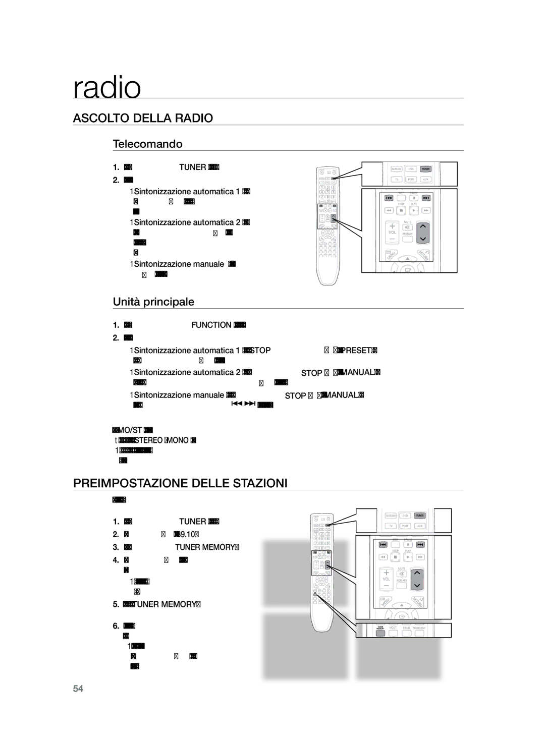 Samsung HT-Z220R/XET manual Radio, Ascolto della radio, Preimpostazione delle stazioni, Telecomando, Unità principale 