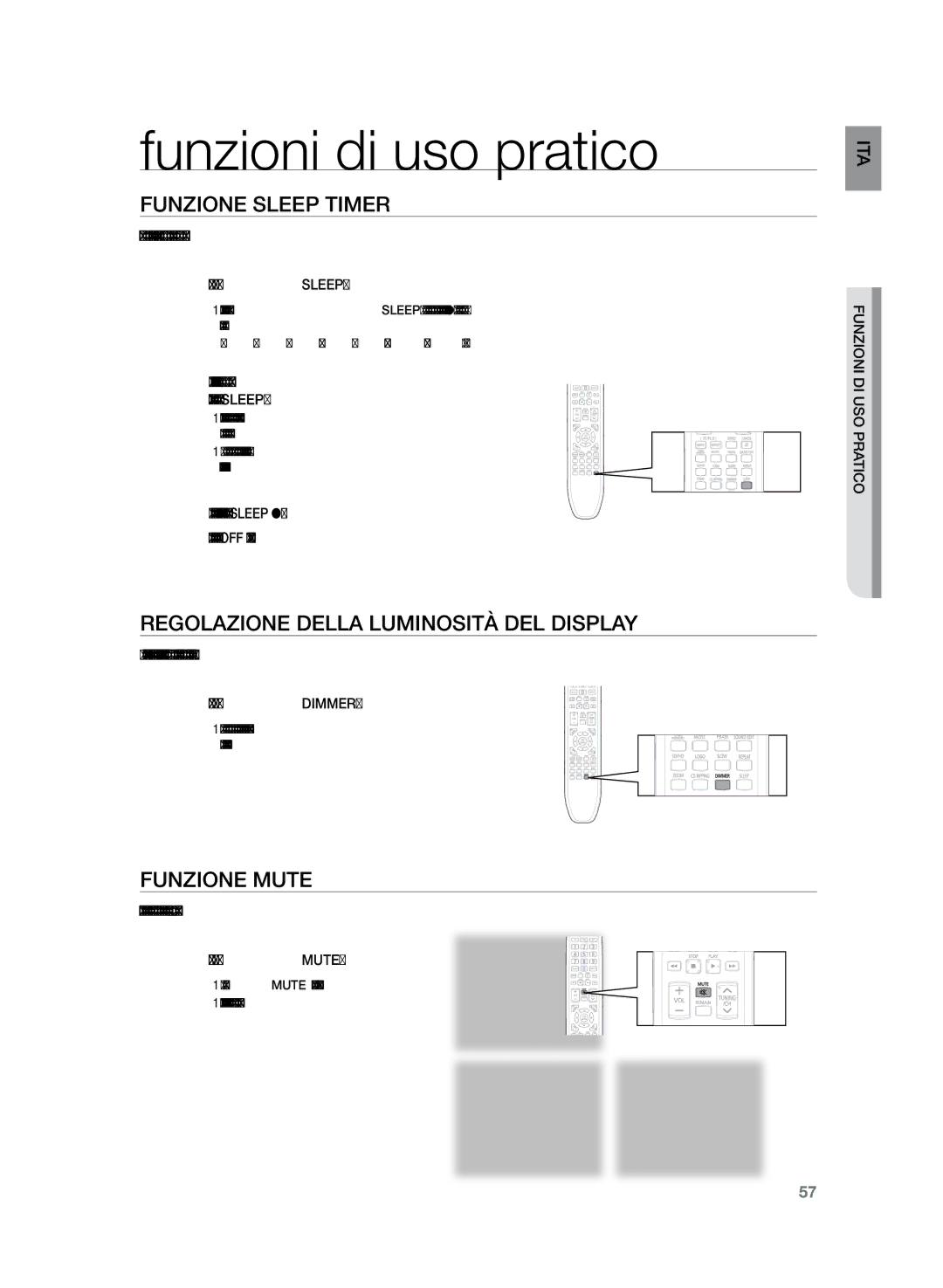 Samsung HT-Z220R/XET manual Funzioni di uso pratico, Funzione Sleep Timer, Regolazione della luminosità del display 