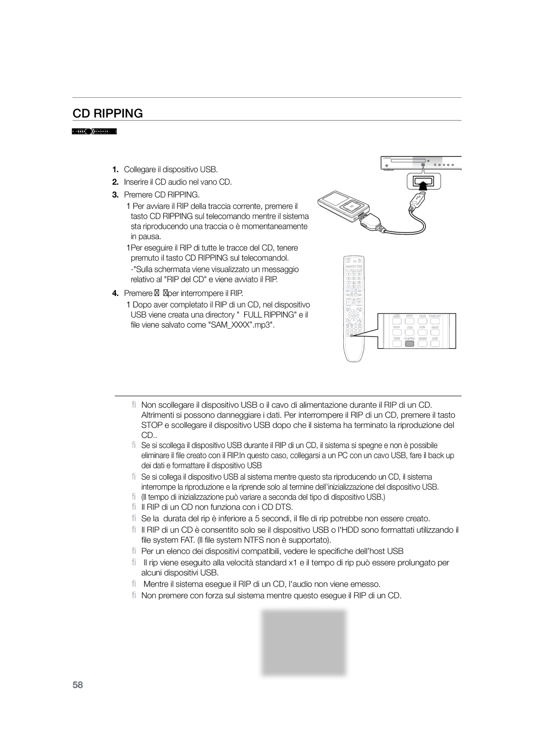 Samsung HT-Z220R/XET manual CD rIPPING, Premere @ per interrompere il RIP 